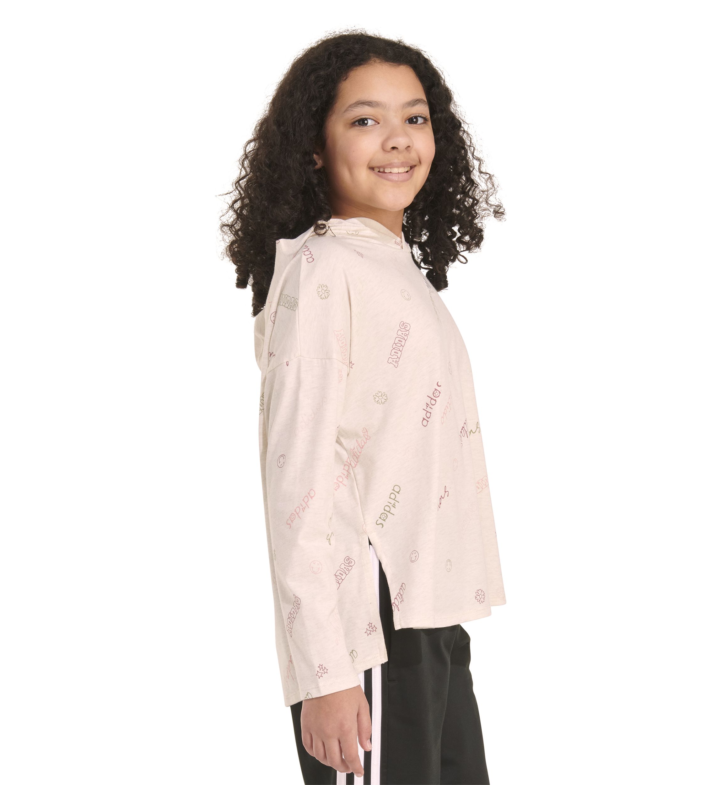 Girls 7-16 Long Sleeve Printed Curve Hem Hooded T-Shirt
