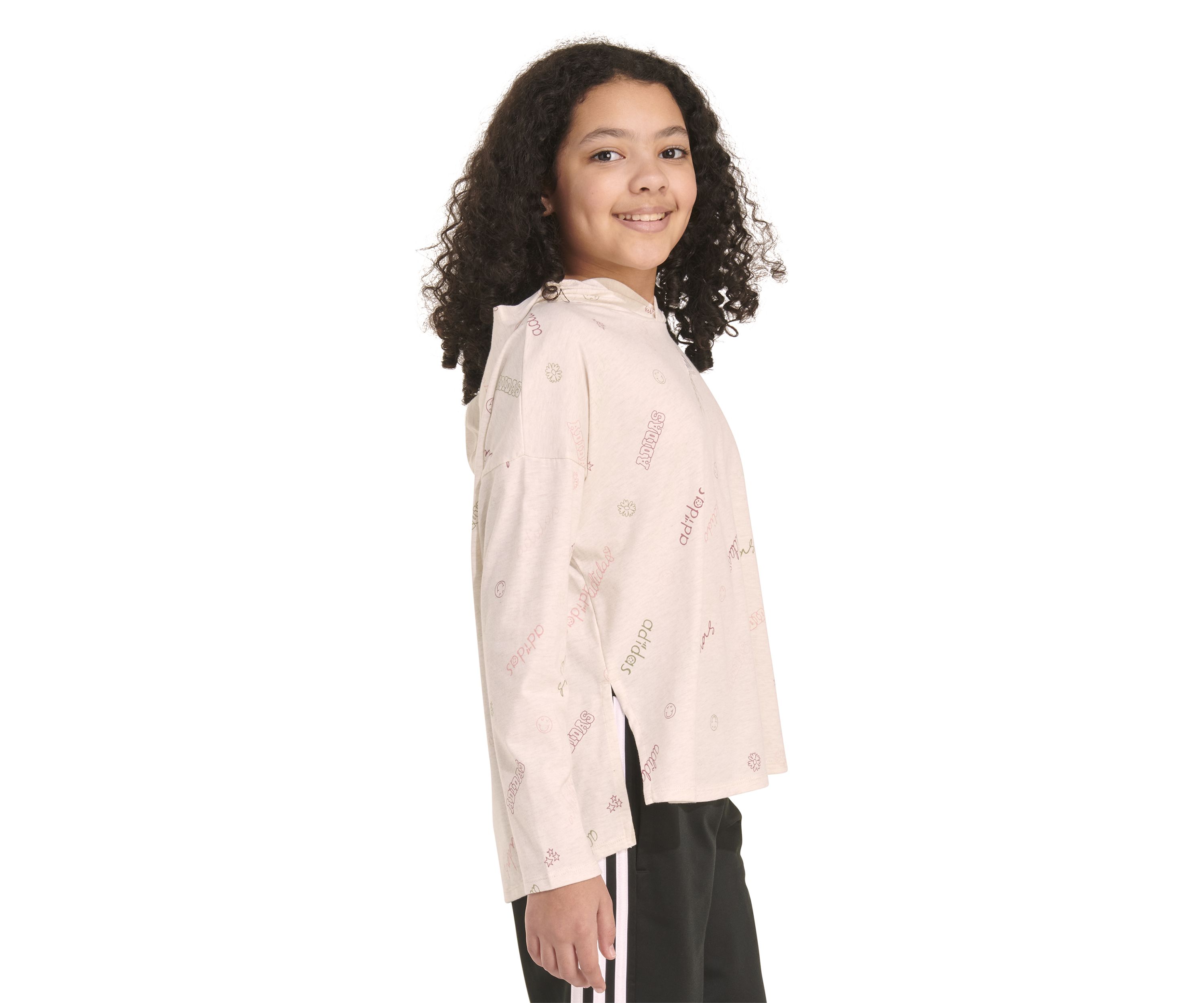 Girls 7-16 Long Sleeve Printed Curve Hem Hooded T-Shirt