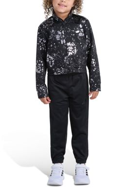 adidas Girls 7-16 2-Piece Long Sleeve Full-Zip All Over Print Foil Glam Jacket and Pants Tricot Set, Black, Large