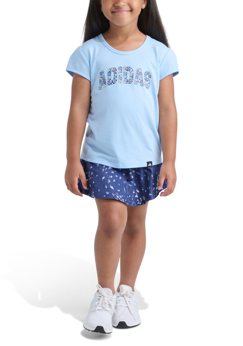 Girls 4-6x Pleated Short Sleeve T-Shirt and Allover Printed Flounce Skort Set