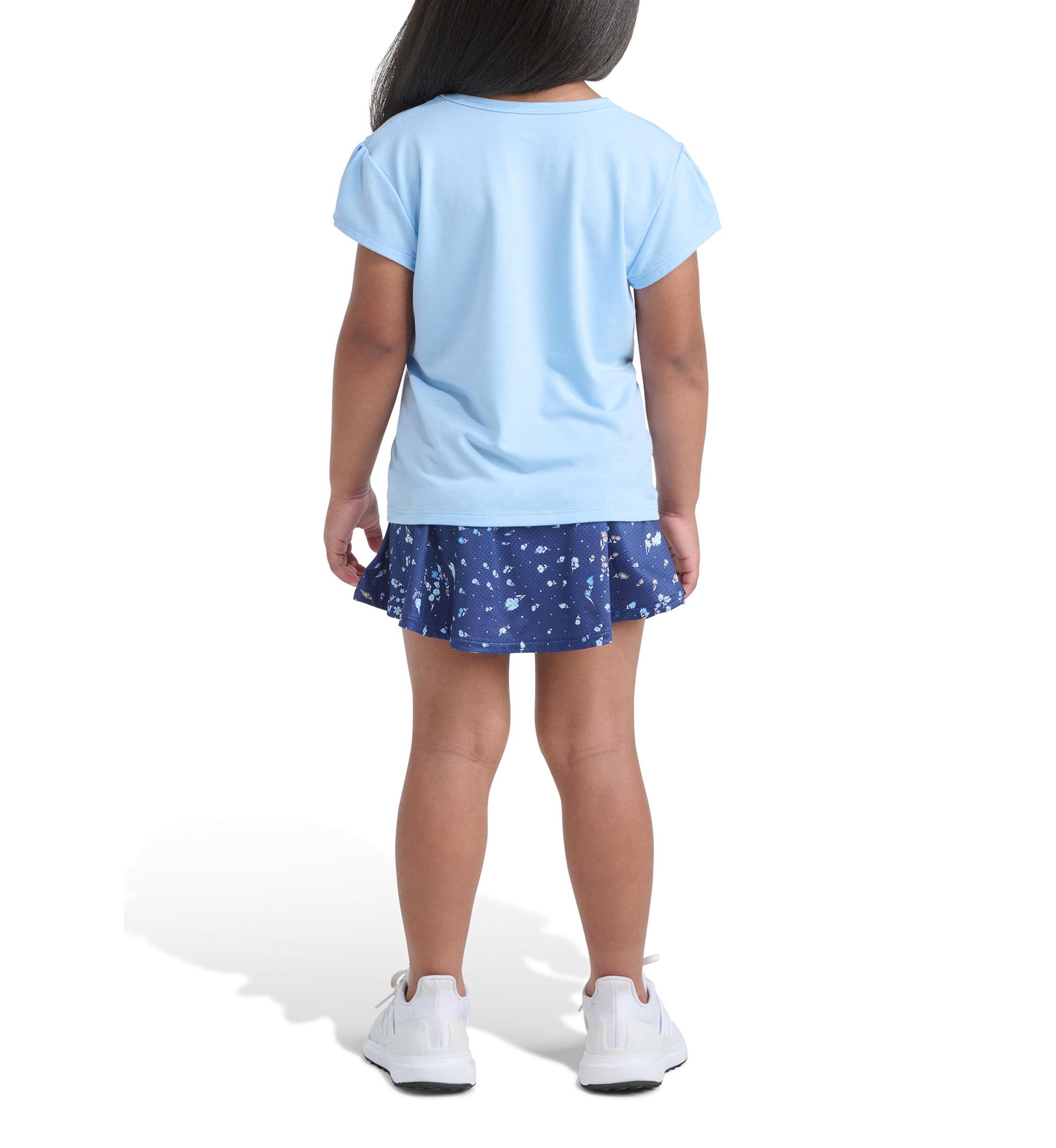 Girls 4-6x Pleated Short Sleeve T-Shirt and Allover Printed Flounce Skort Set