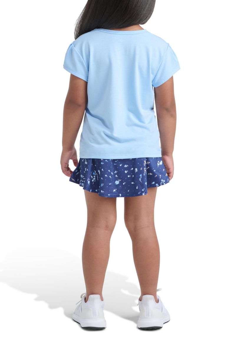 Girls 4-6x Pleated Short Sleeve T-Shirt and Allover Printed Flounce Skort Set
