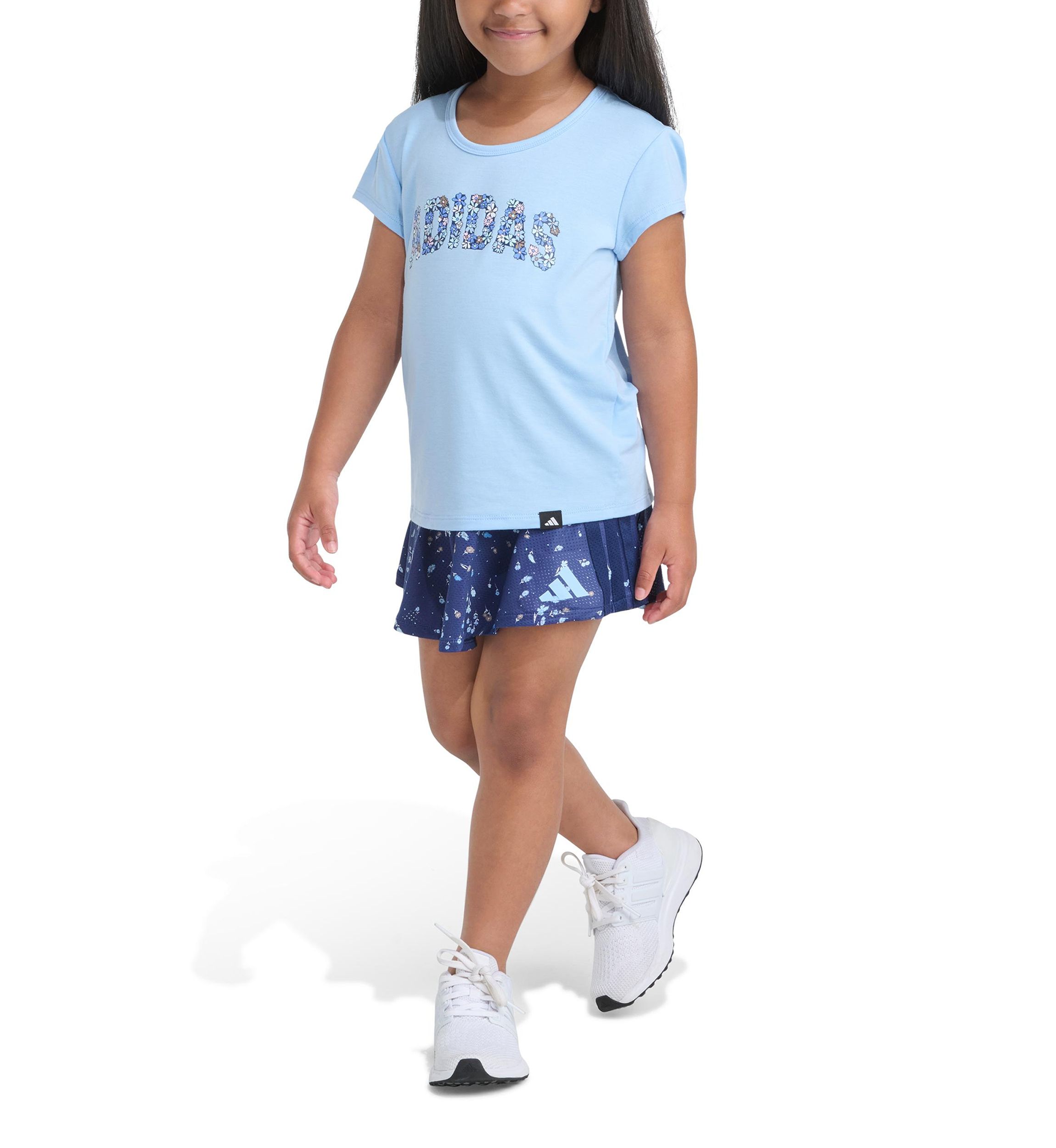 Girls 4-6x Pleated Short Sleeve T-Shirt and Allover Printed Flounce Skort Set