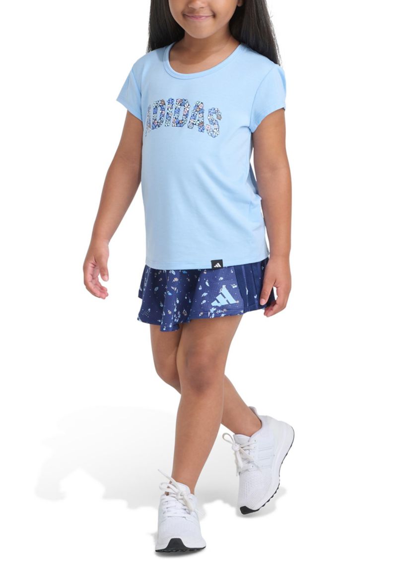 Girls 4-6x Pleated Short Sleeve T-Shirt and Allover Printed Flounce Skort Set