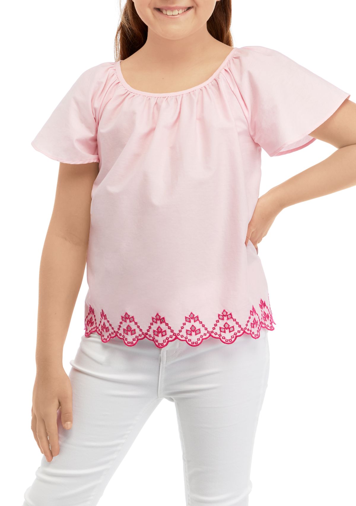 Girls 7-16 Embroidered Hem Top