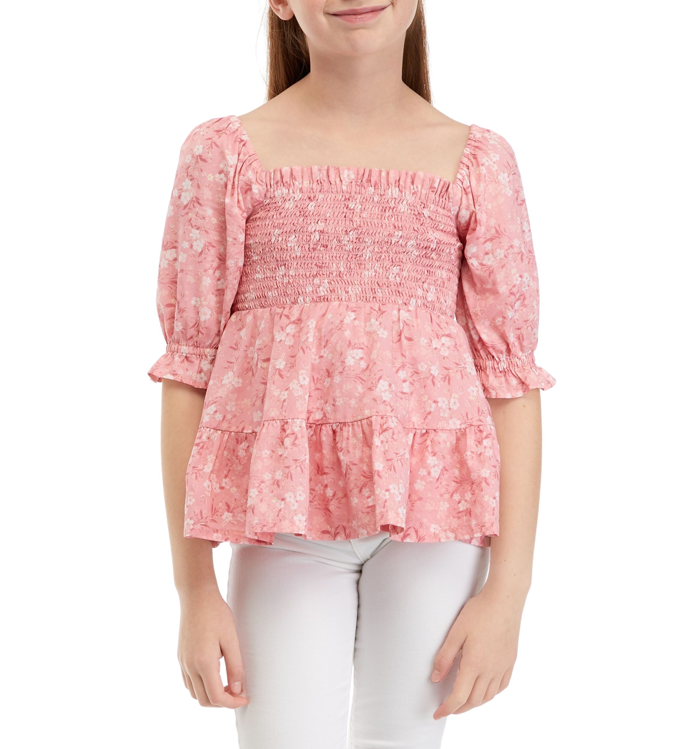 Girls 7-16 Printed Smocked Top