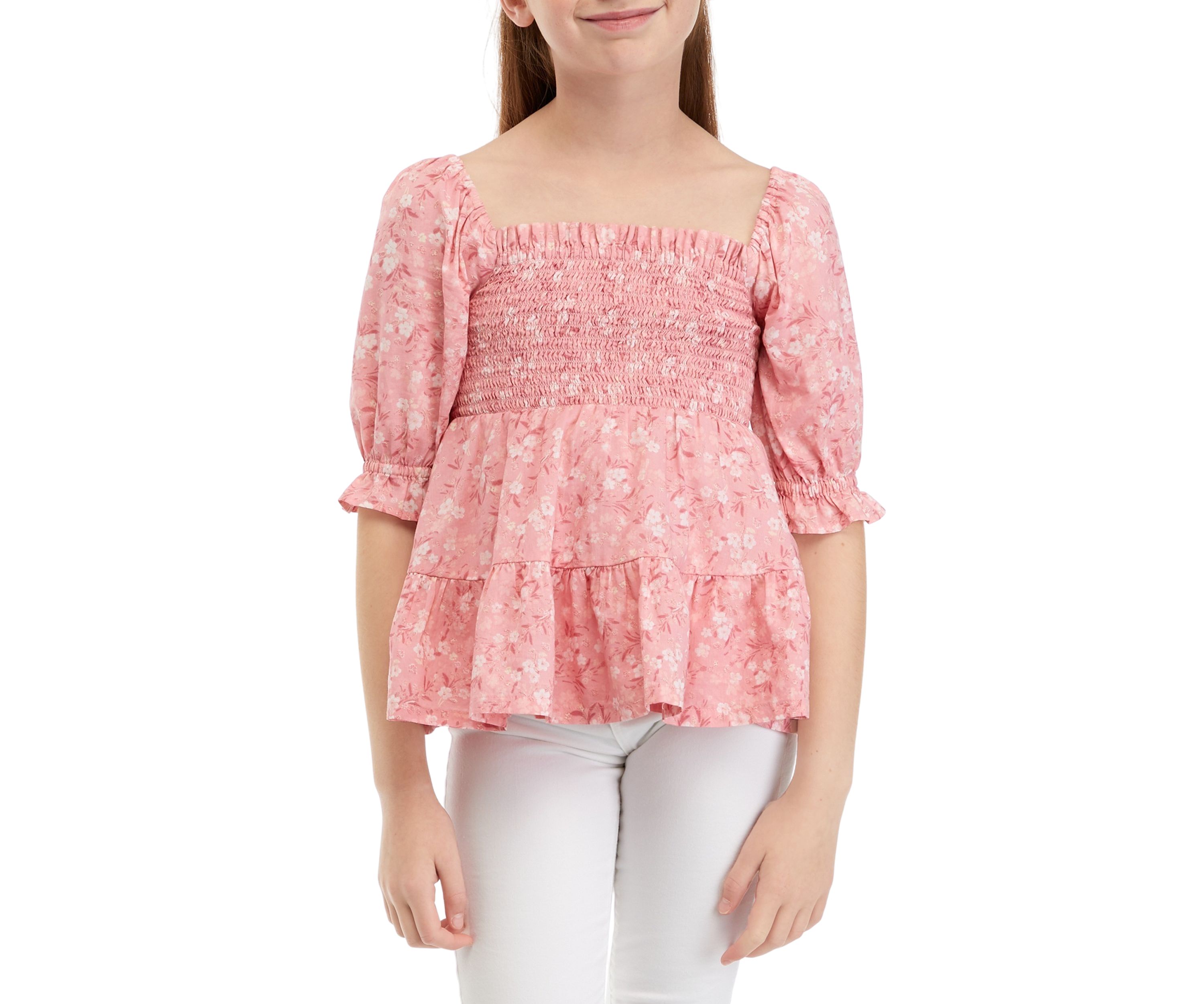 Girls 7-16 Printed Smocked Top