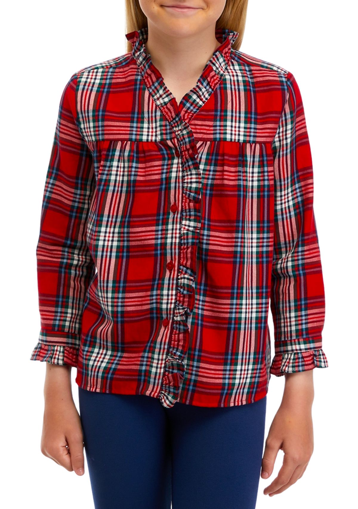 Girls 7-16 Ruffle Button Down Plaid Shirt 