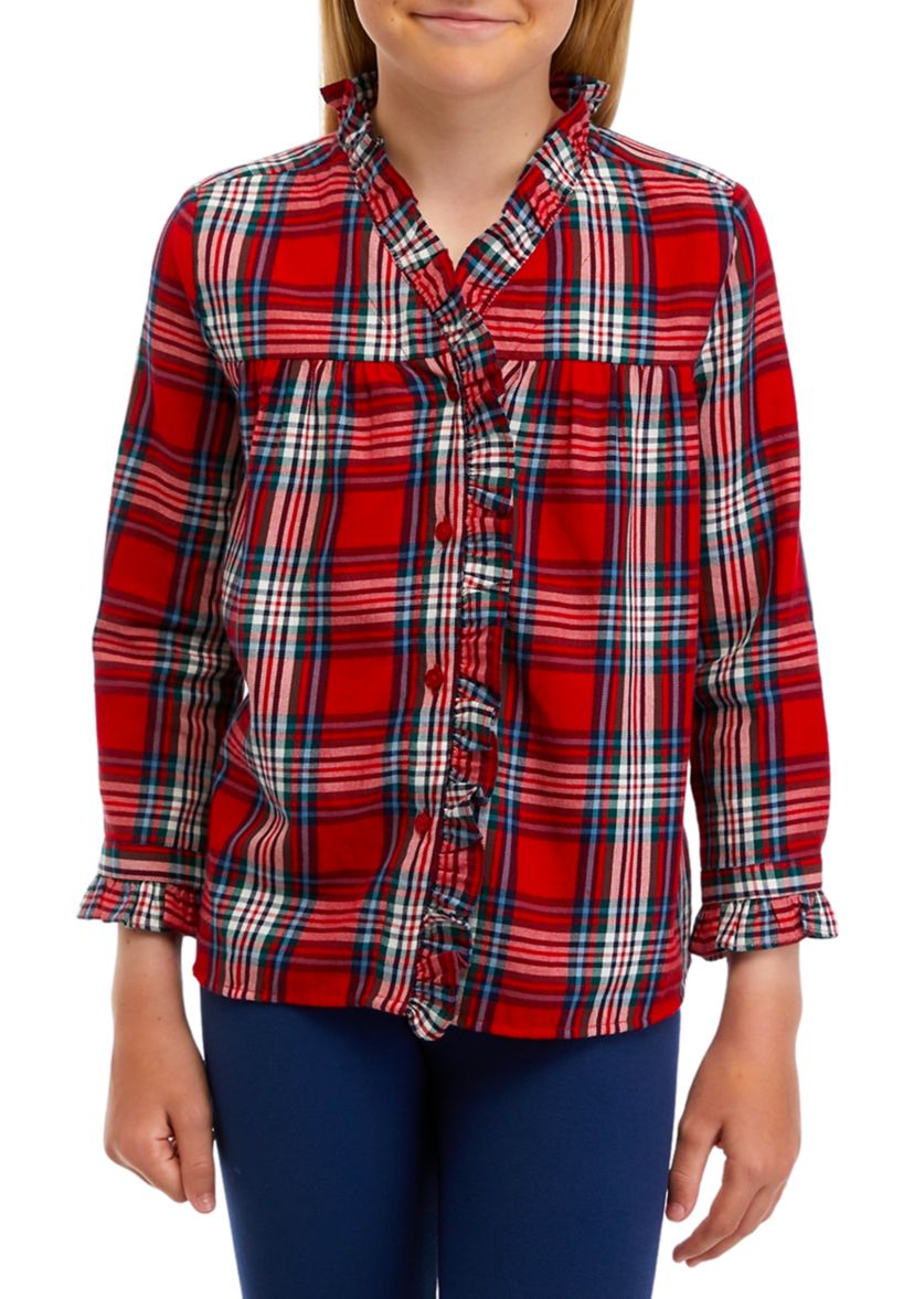 Girls 7-16 Ruffle Button Down Plaid Shirt 
