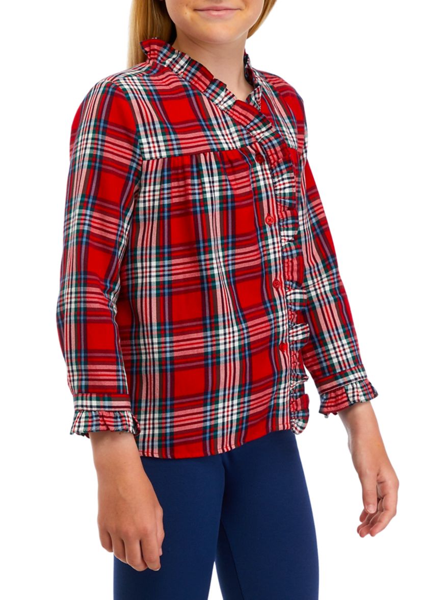 Girls 7-16 Ruffle Button Down Plaid Shirt 