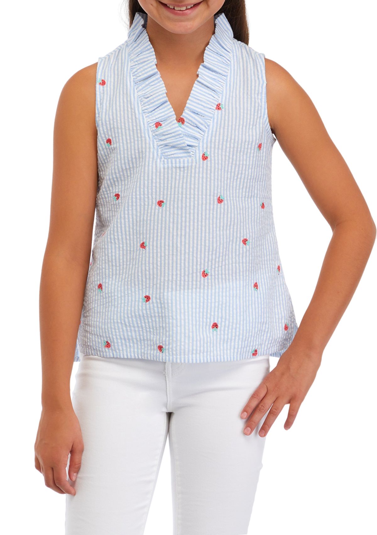 Girls 7-16 Sleeveless Ruffle Neck Printed Top