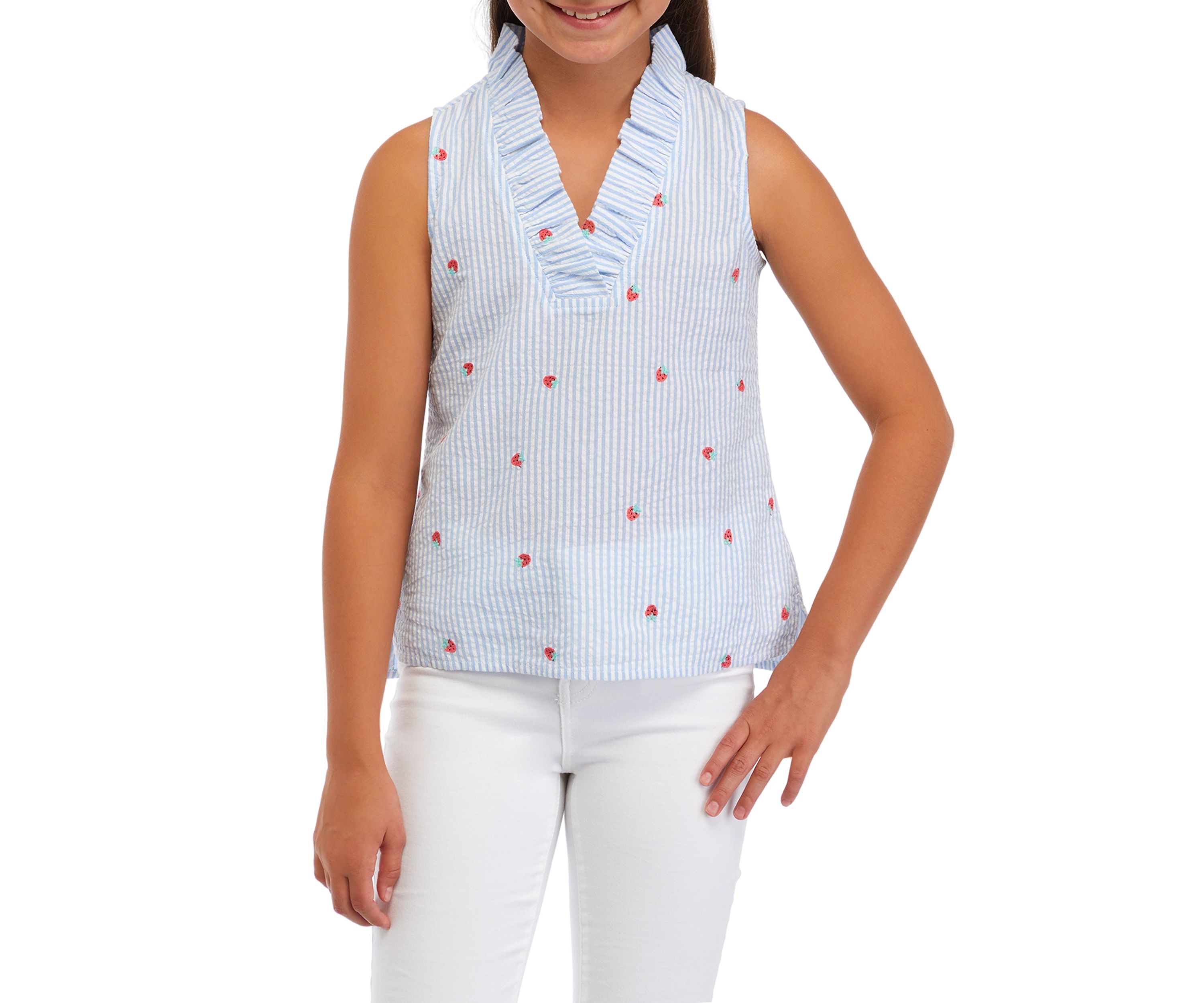 Girls 7-16 Sleeveless Ruffle Neck Printed Top