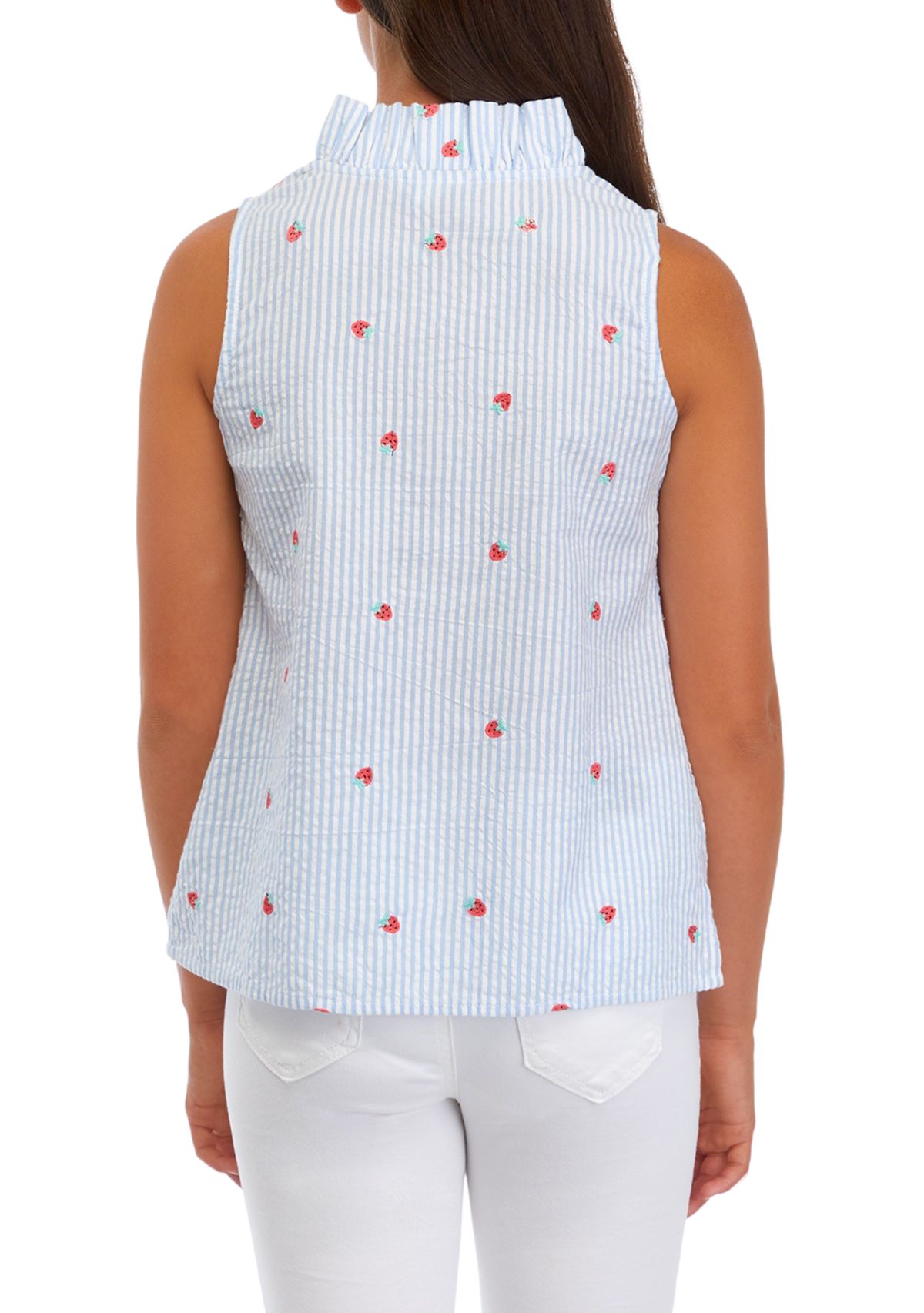 Girls 7-16 Sleeveless Ruffle Neck Printed Top