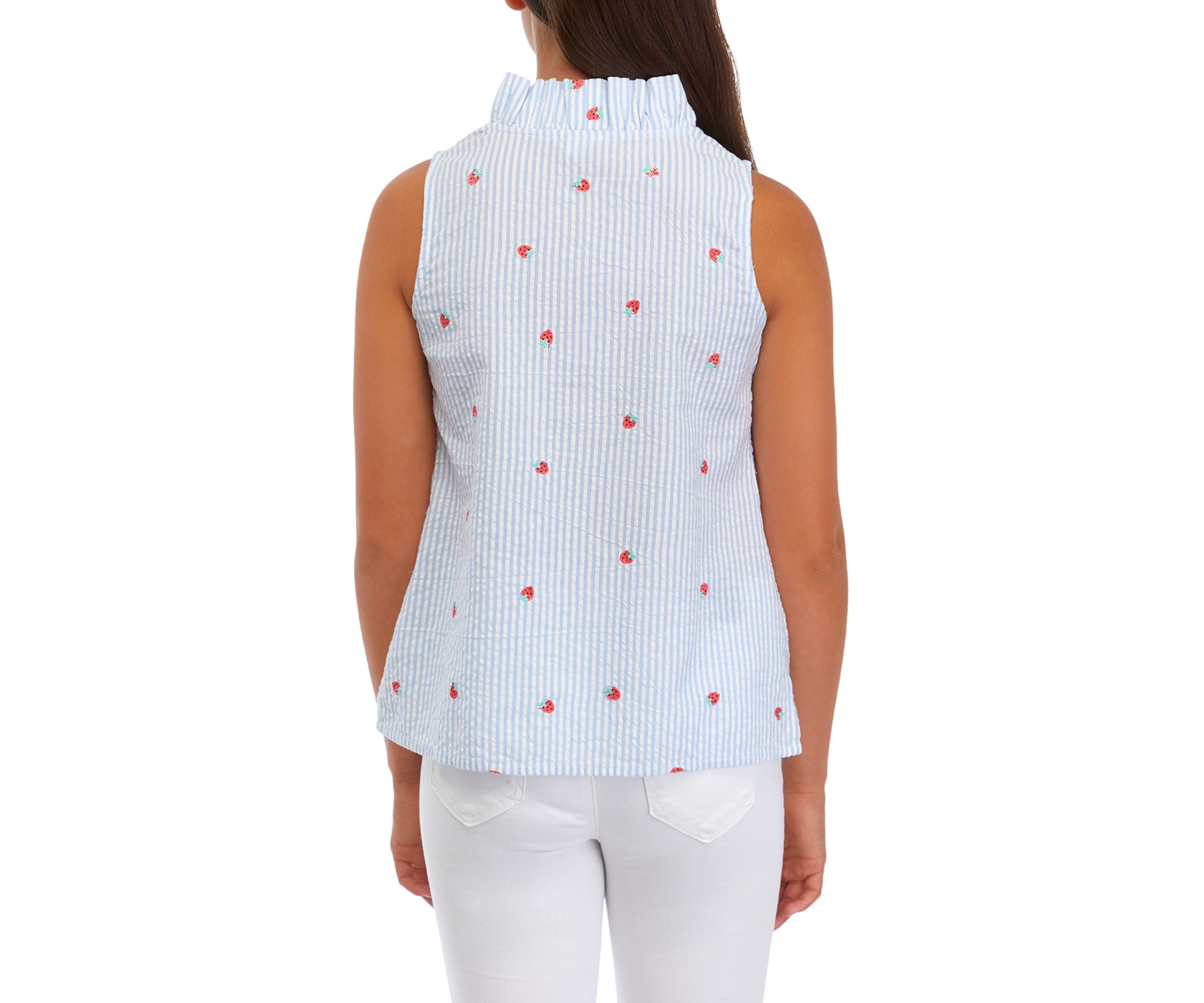 Girls 7-16 Sleeveless Ruffle Neck Printed Top