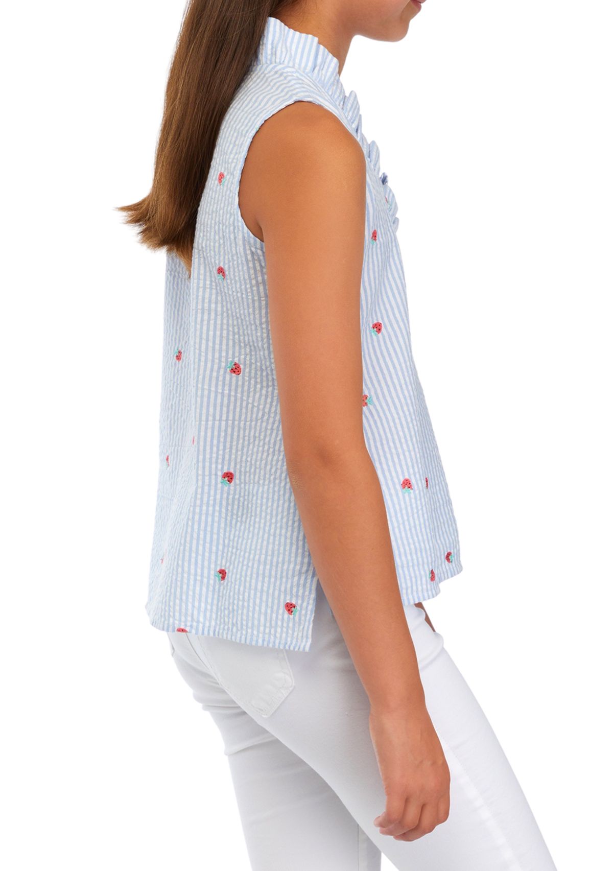 Girls 7-16 Sleeveless Ruffle Neck Printed Top