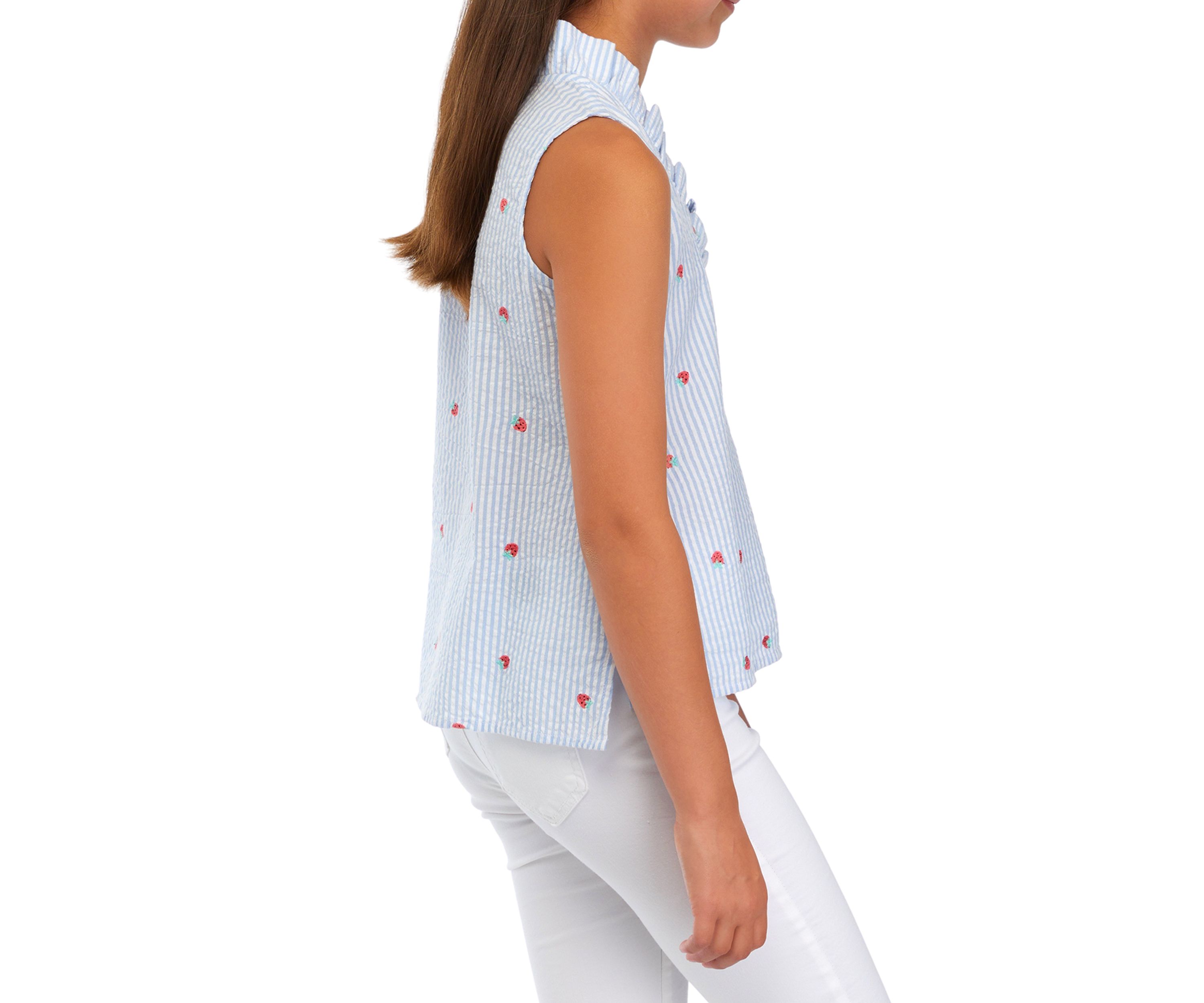 Girls 7-16 Sleeveless Ruffle Neck Printed Top