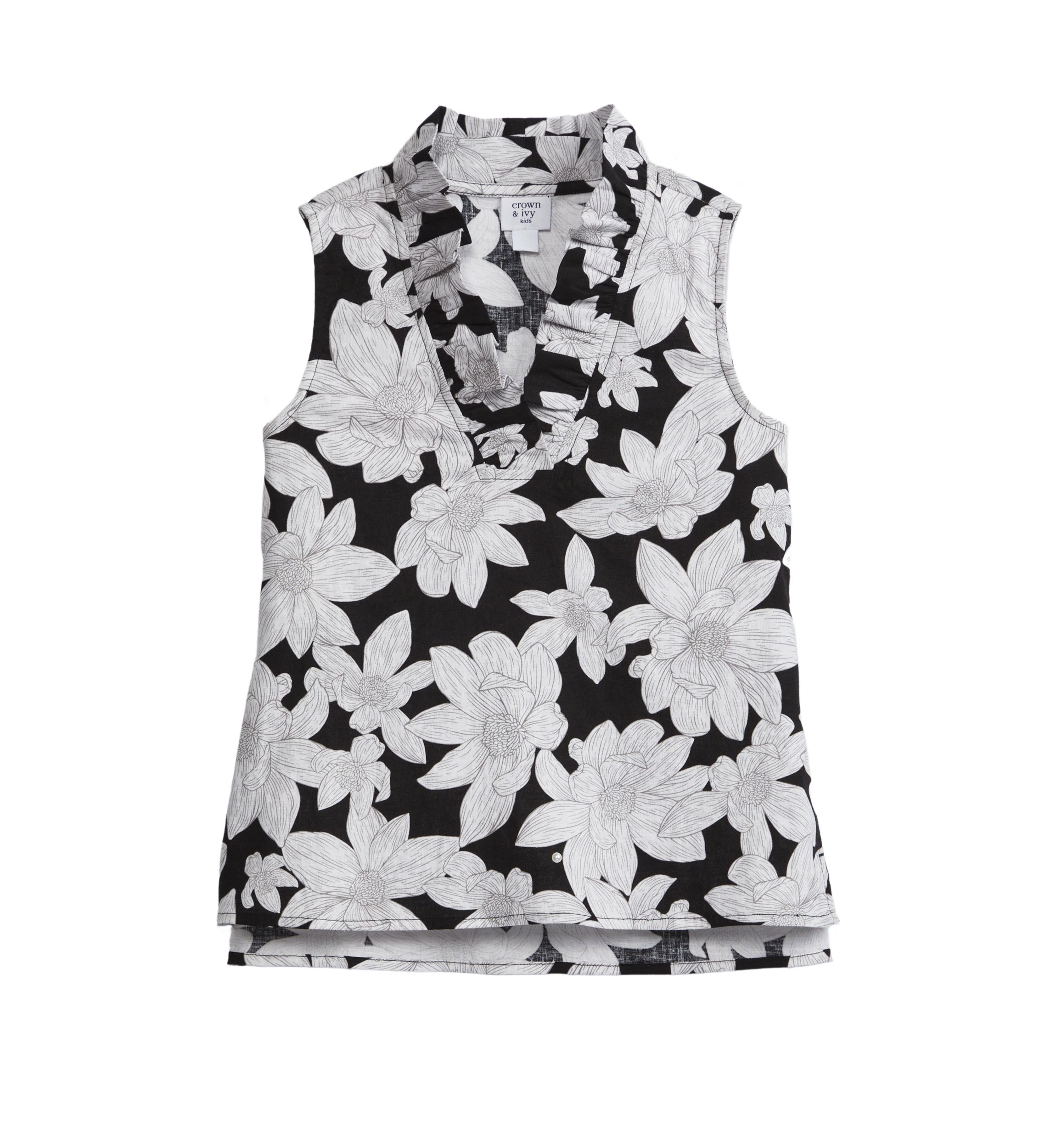 Girls 7-16 Sleeveless Ruffle Neck Printed Top