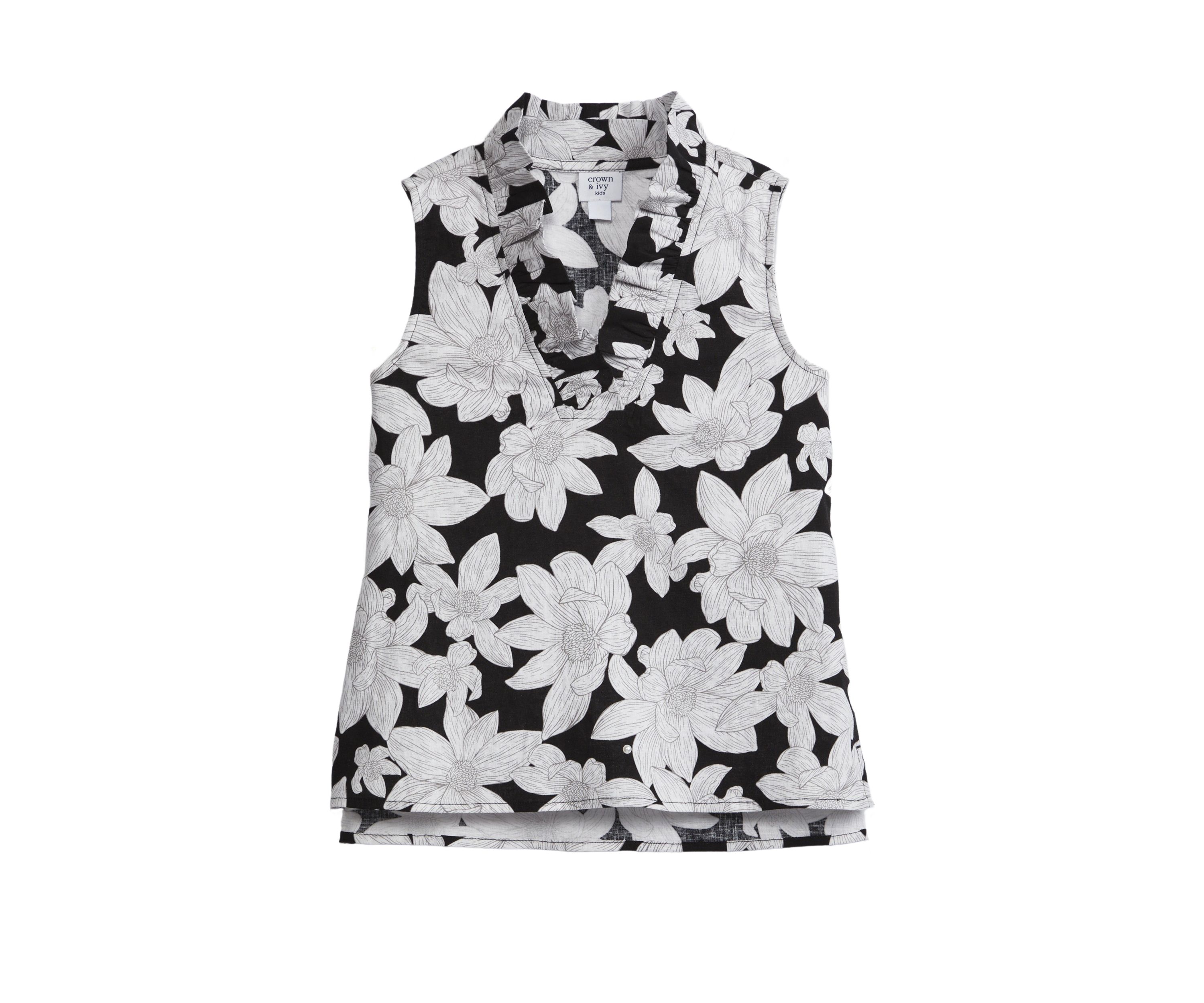 Girls 7-16 Sleeveless Ruffle Neck Printed Top