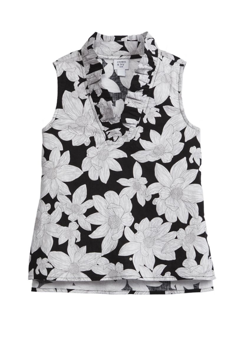 Girls 7-16 Sleeveless Ruffle Neck Printed Top