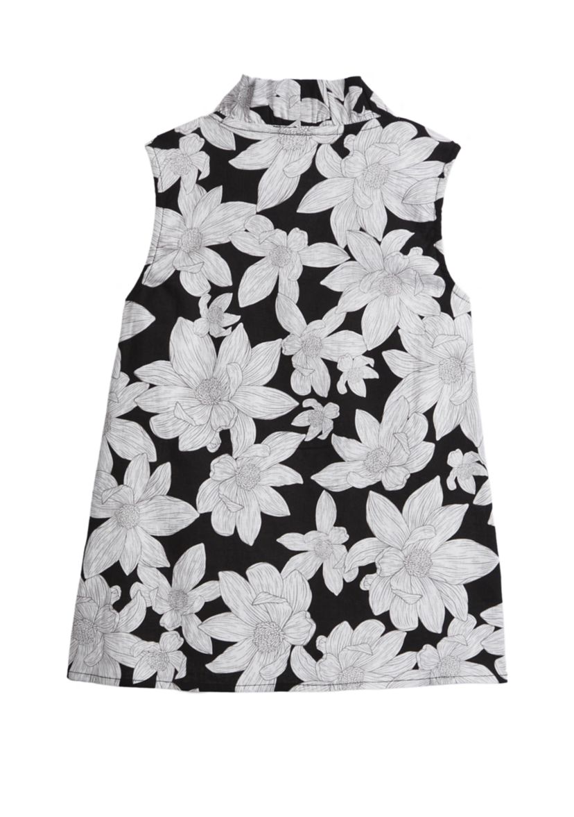 Girls 7-16 Sleeveless Ruffle Neck Printed Top
