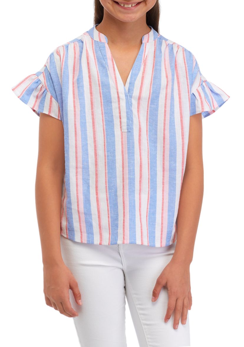 Girls 7-16 Short Ruffle Sleeve Linen Yarn Dyed Top