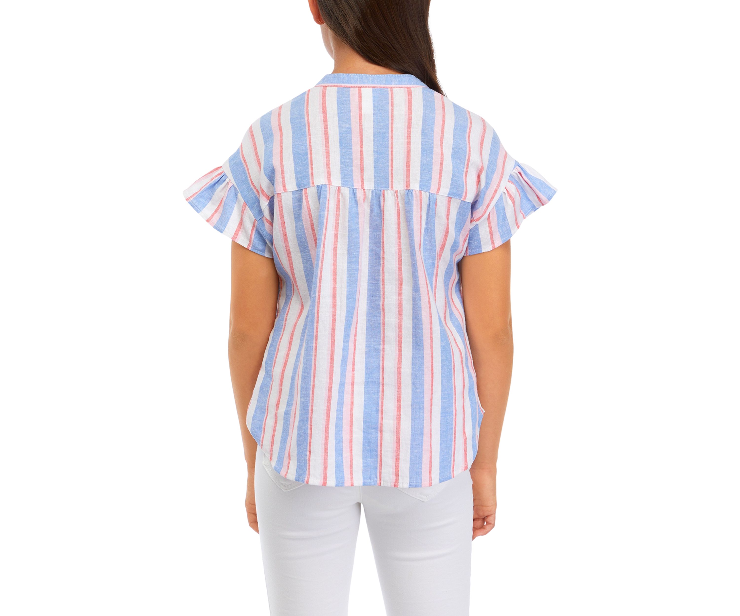 Girls 7-16 Short Ruffle Sleeve Linen Yarn Dyed Top