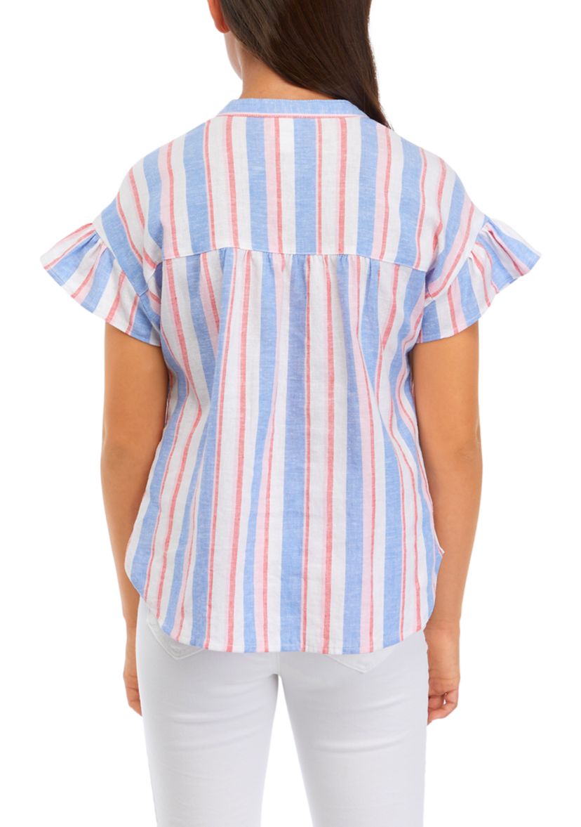 Girls 7-16 Short Ruffle Sleeve Linen Yarn Dyed Top