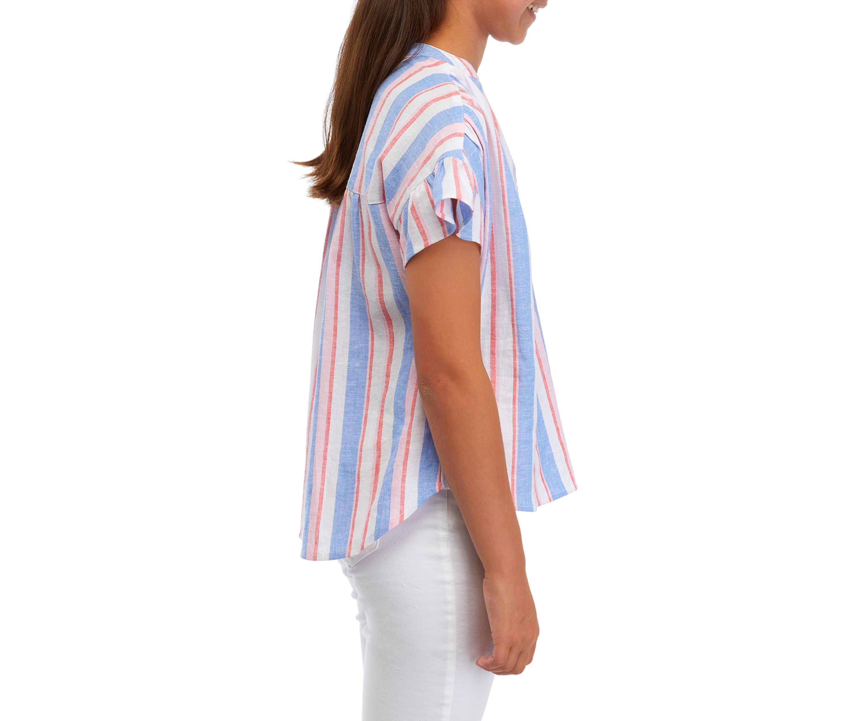 Girls 7-16 Short Ruffle Sleeve Linen Yarn Dyed Top