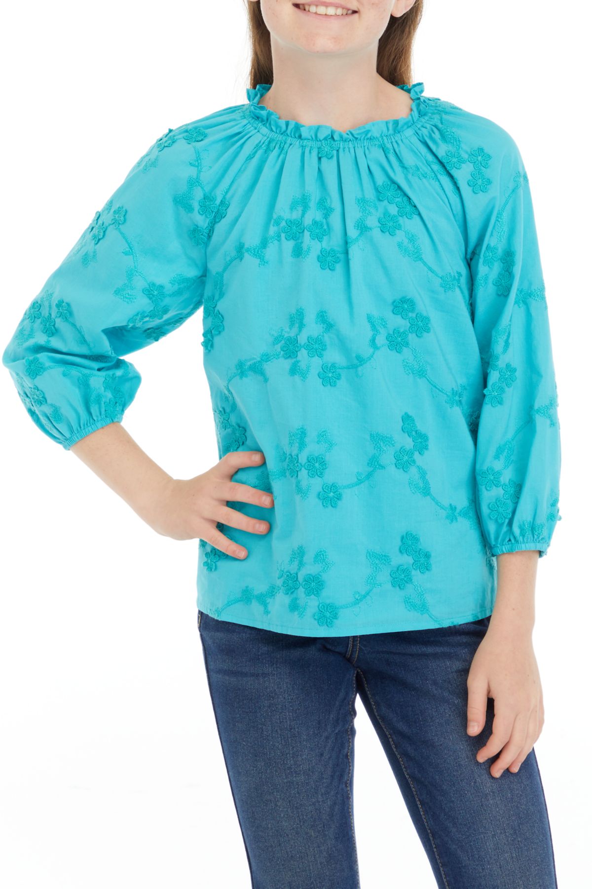 Girls 7-16 Embroidered 3/4 Sleeve Top