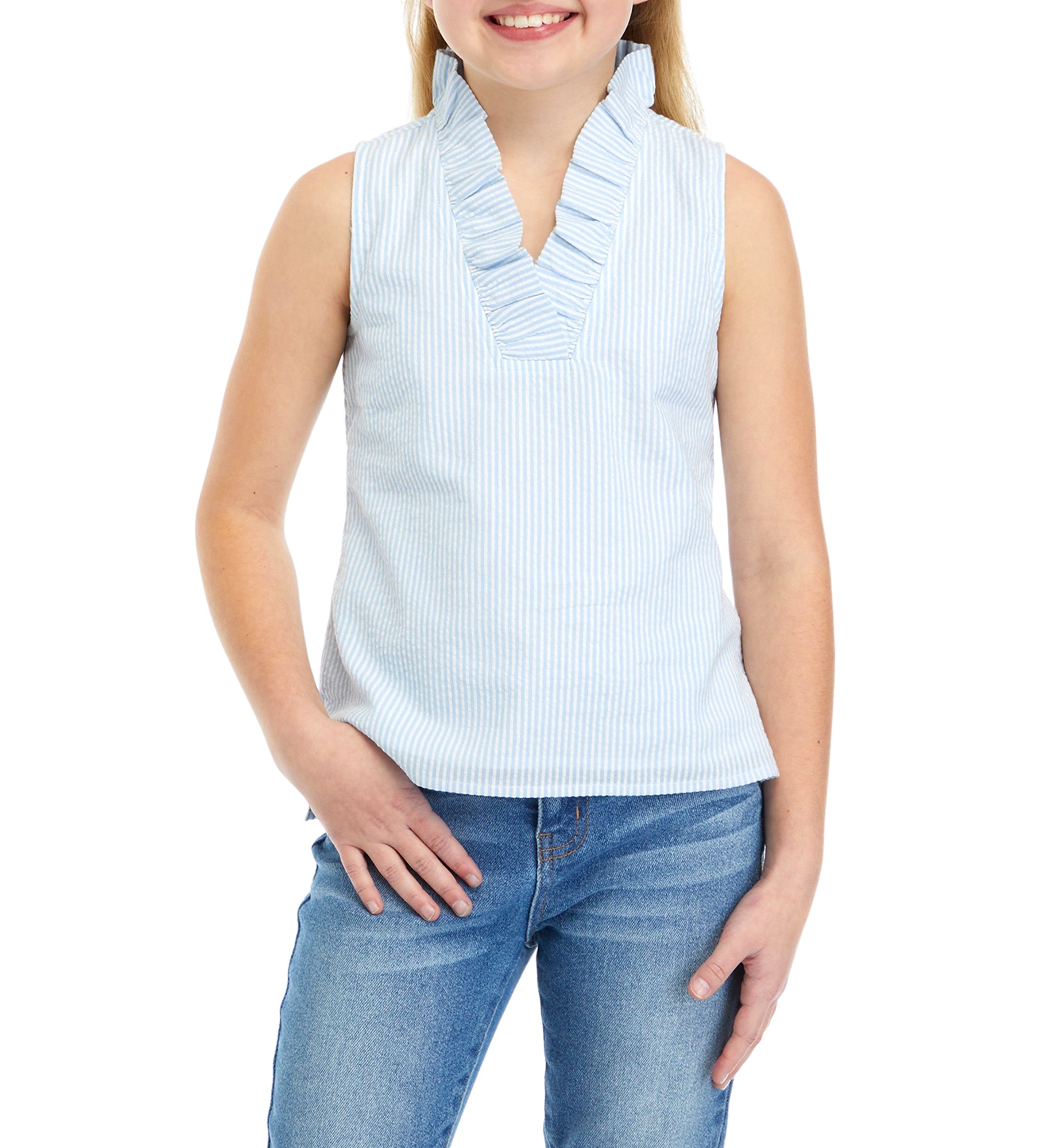 Girls 7-16 Seersucker Ruffle Neck Top