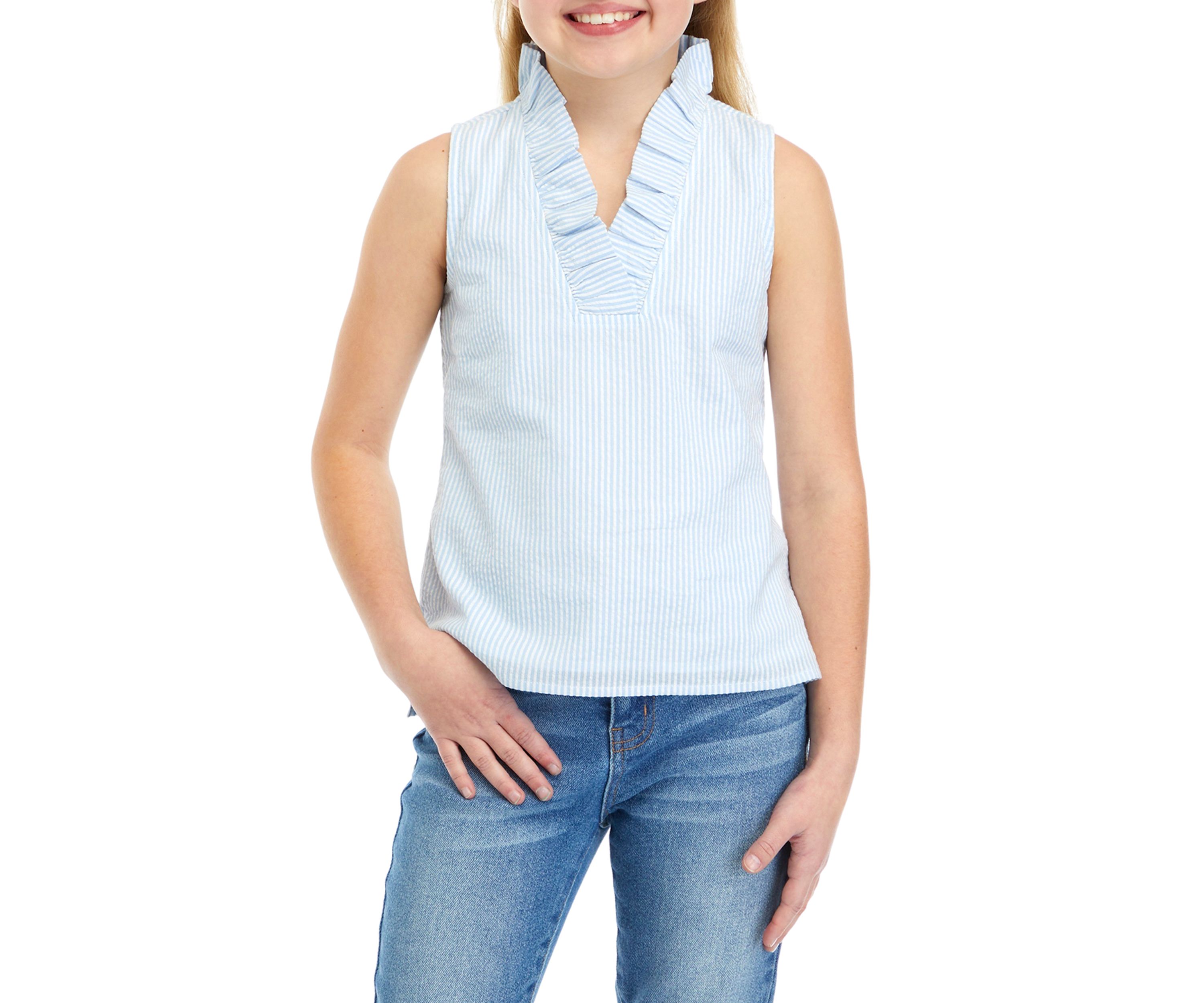 Girls 7-16 Seersucker Ruffle Neck Top