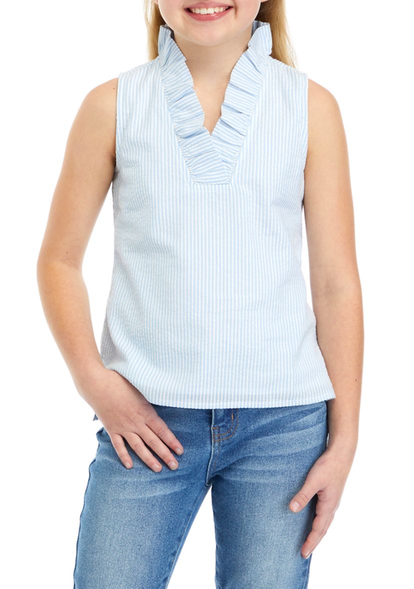 Girls 7-16 Seersucker Ruffle Neck Top