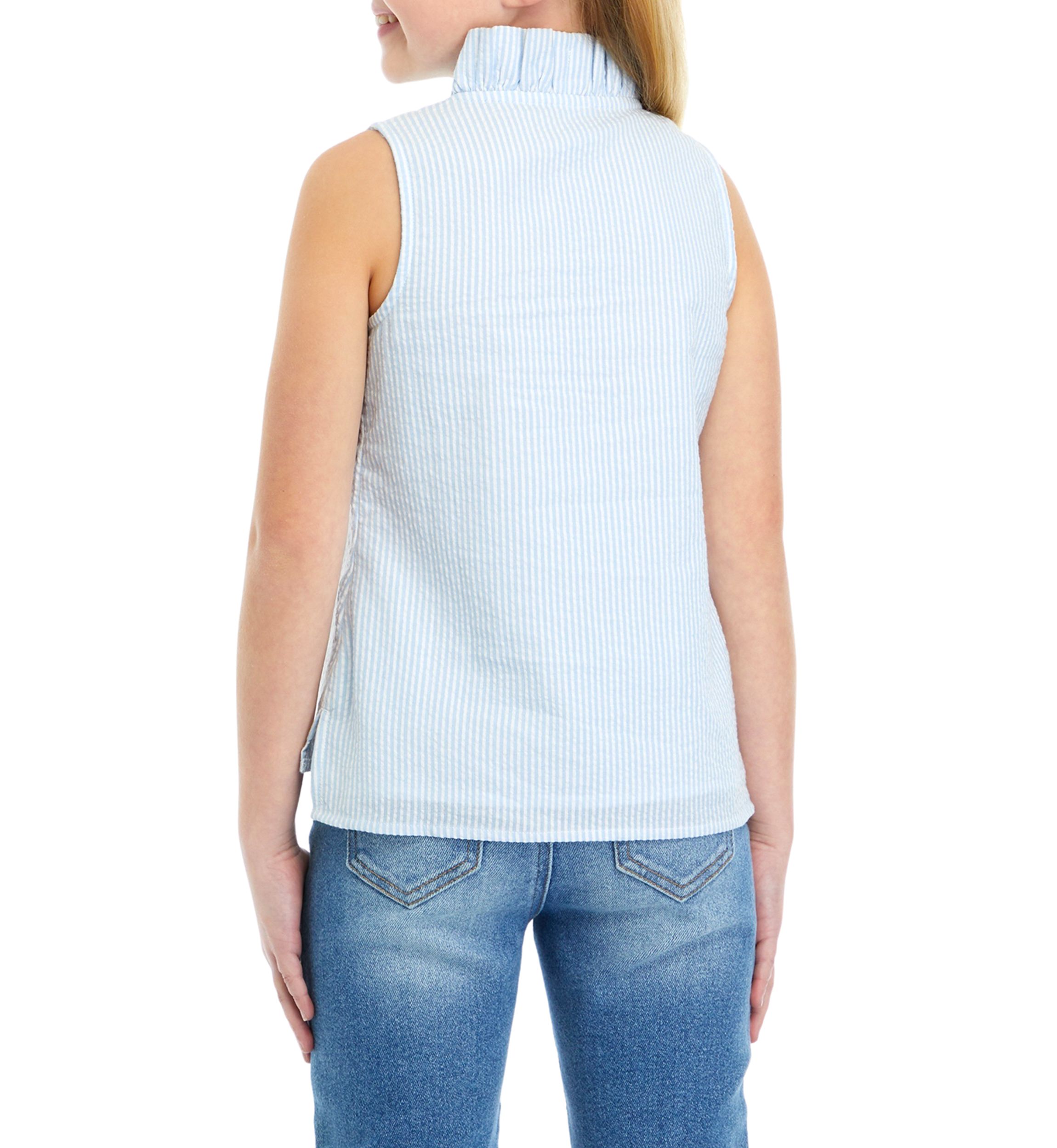 Girls 7-16 Seersucker Ruffle Neck Top