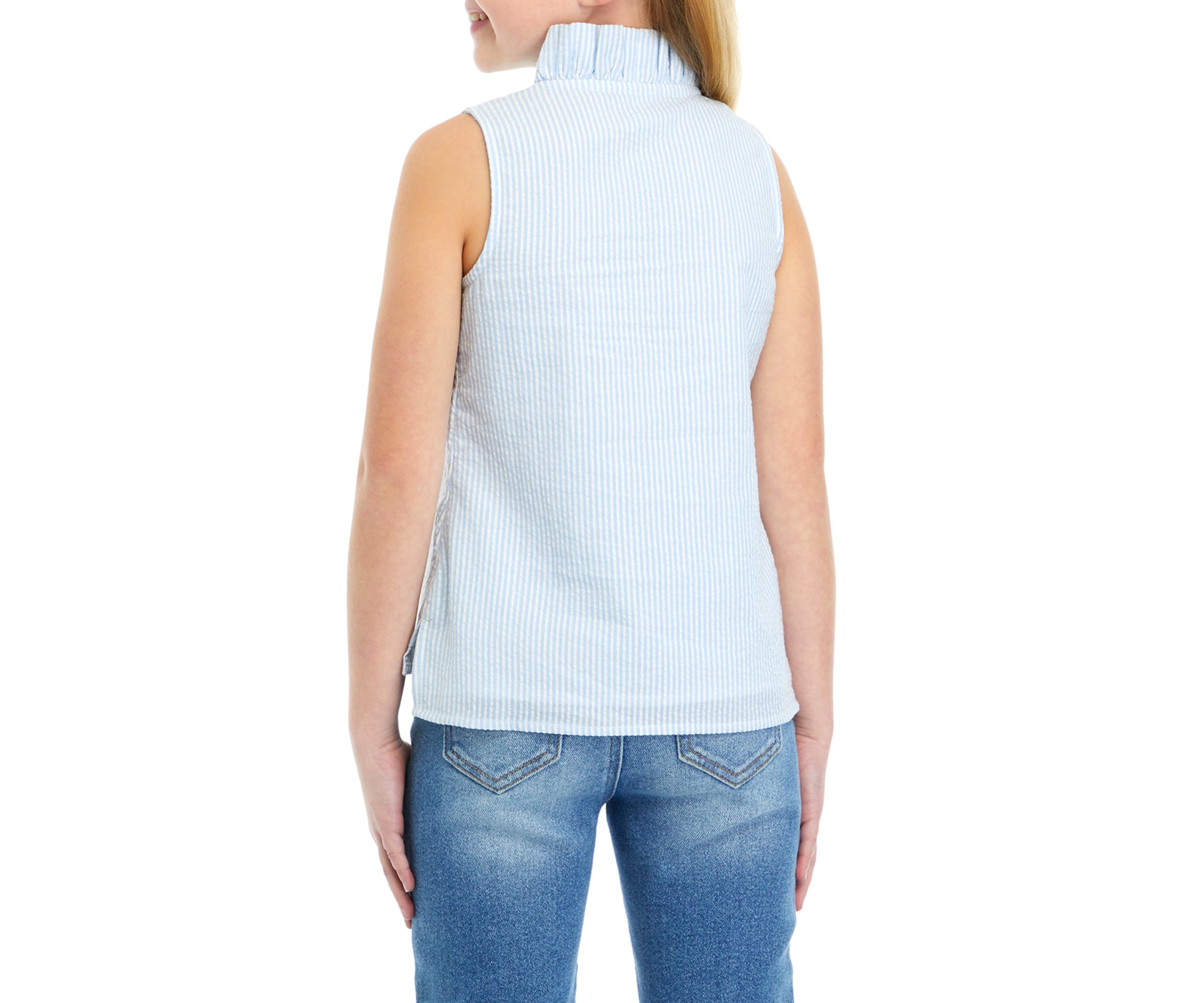 Girls 7-16 Seersucker Ruffle Neck Top