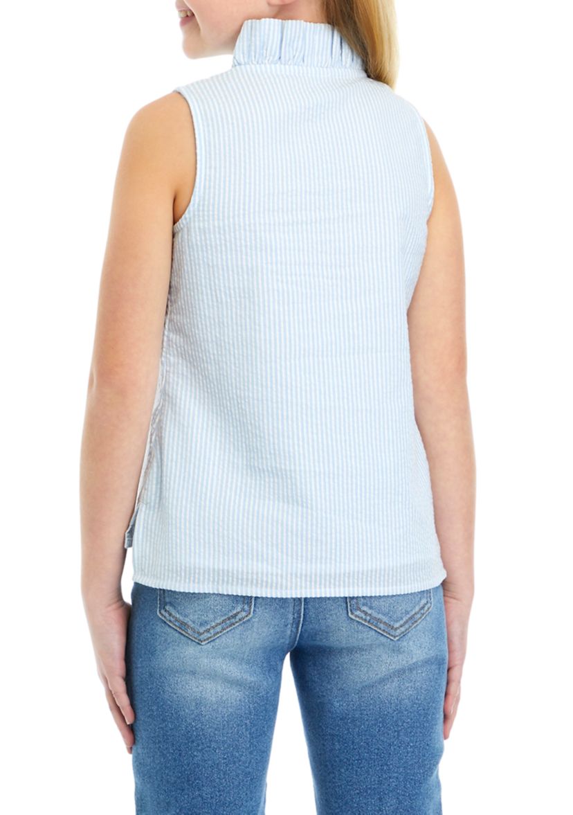 Girls 7-16 Seersucker Ruffle Neck Top