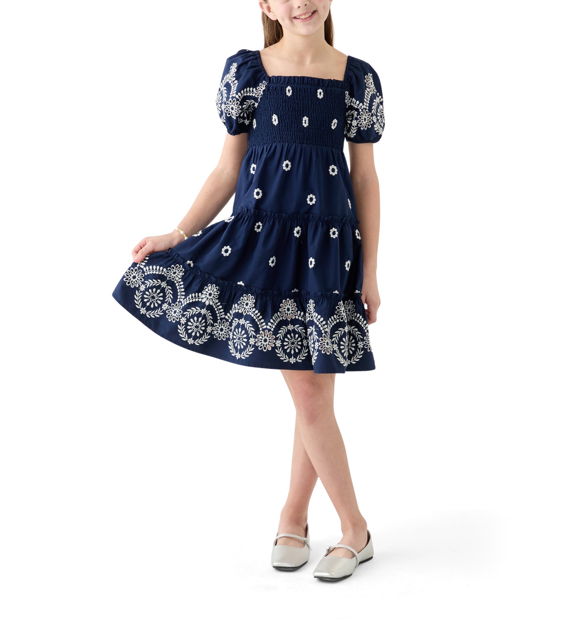 Girls 7-16 Broderie Smocked Dress
