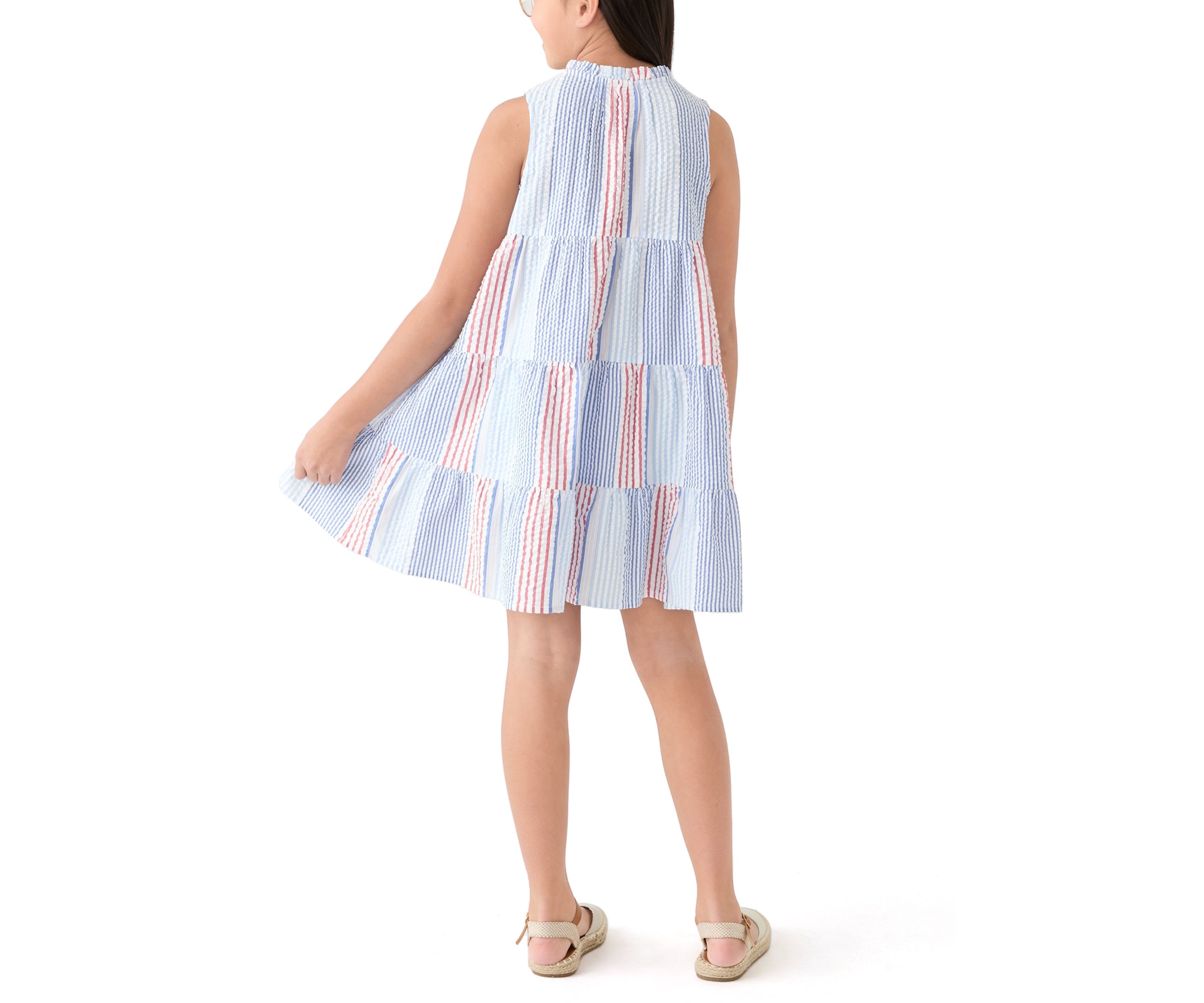 Girls 7-16 Split Neck Ruffle Stripe Dress