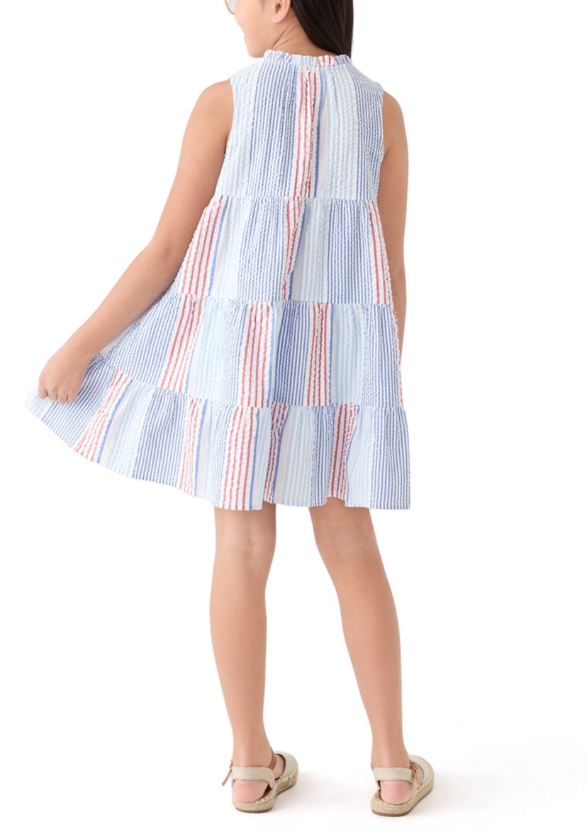 Girls 7-16 Split Neck Ruffle Stripe Dress