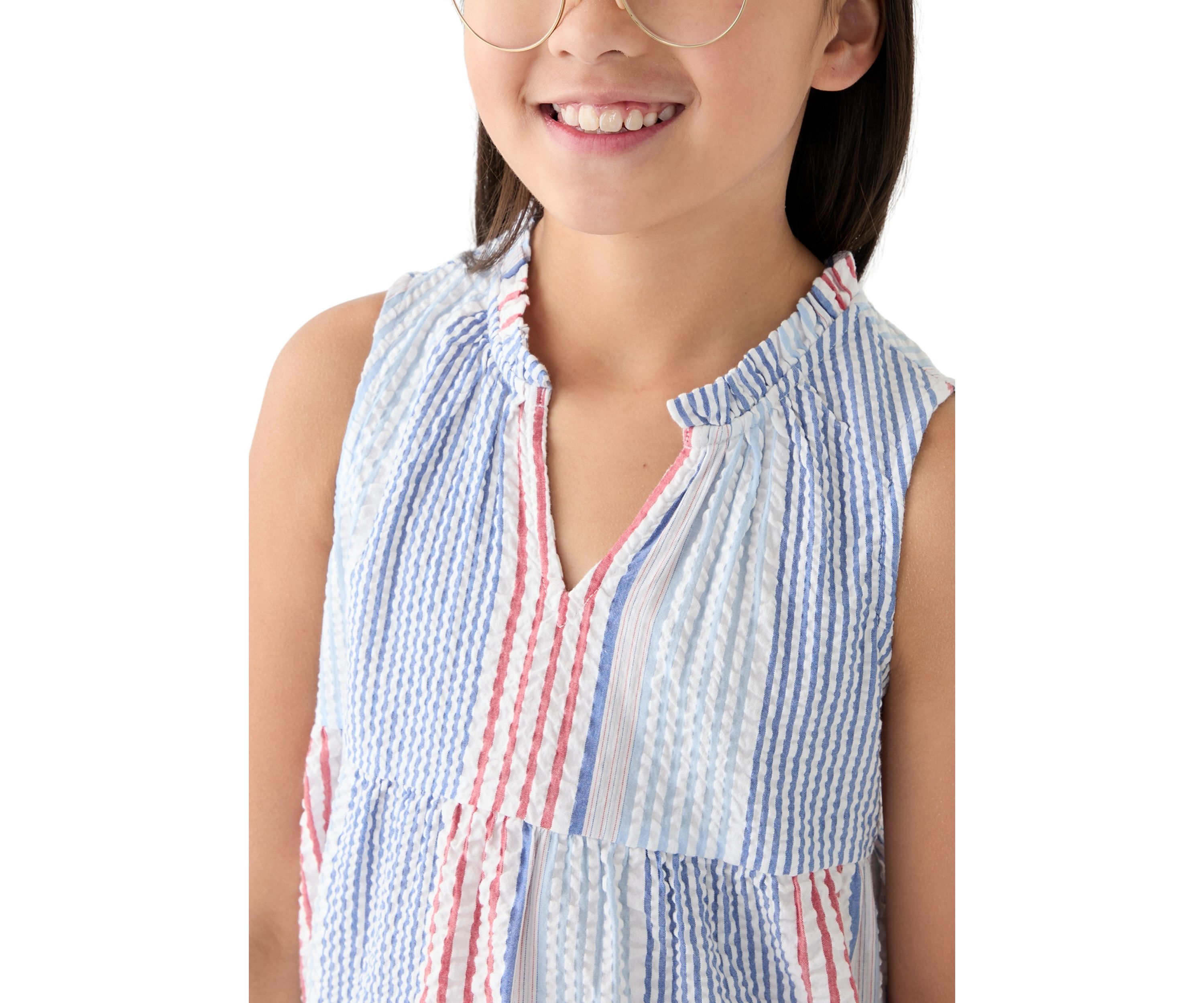 Girls 7-16 Split Neck Ruffle Stripe Dress
