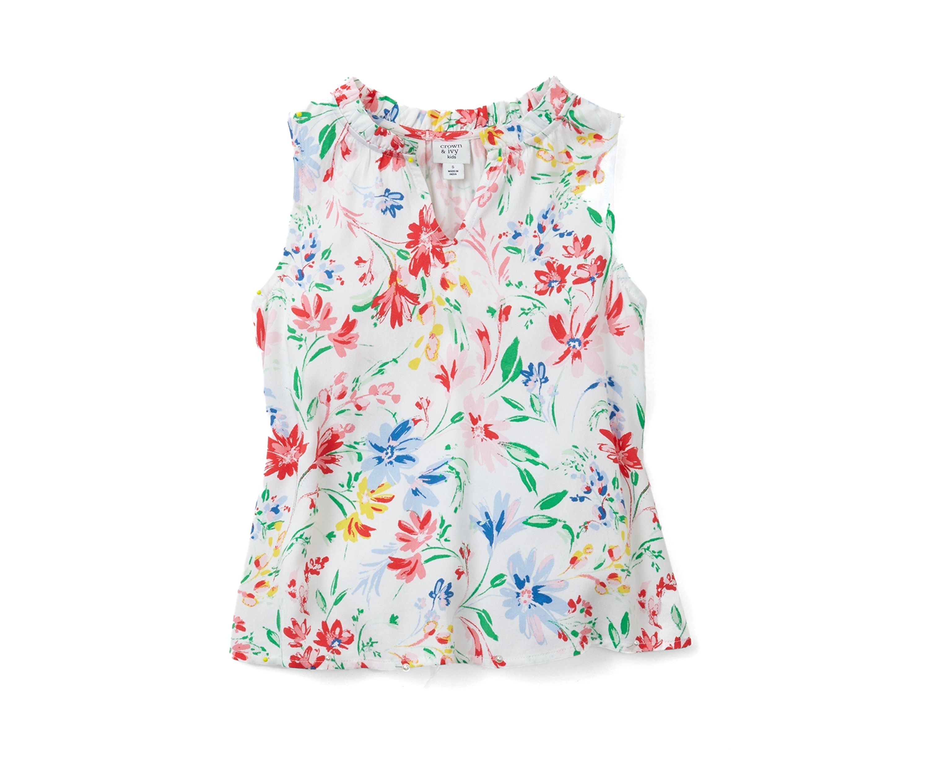 Girls 7-16 Notch Neck Ruffle Printed Tank 