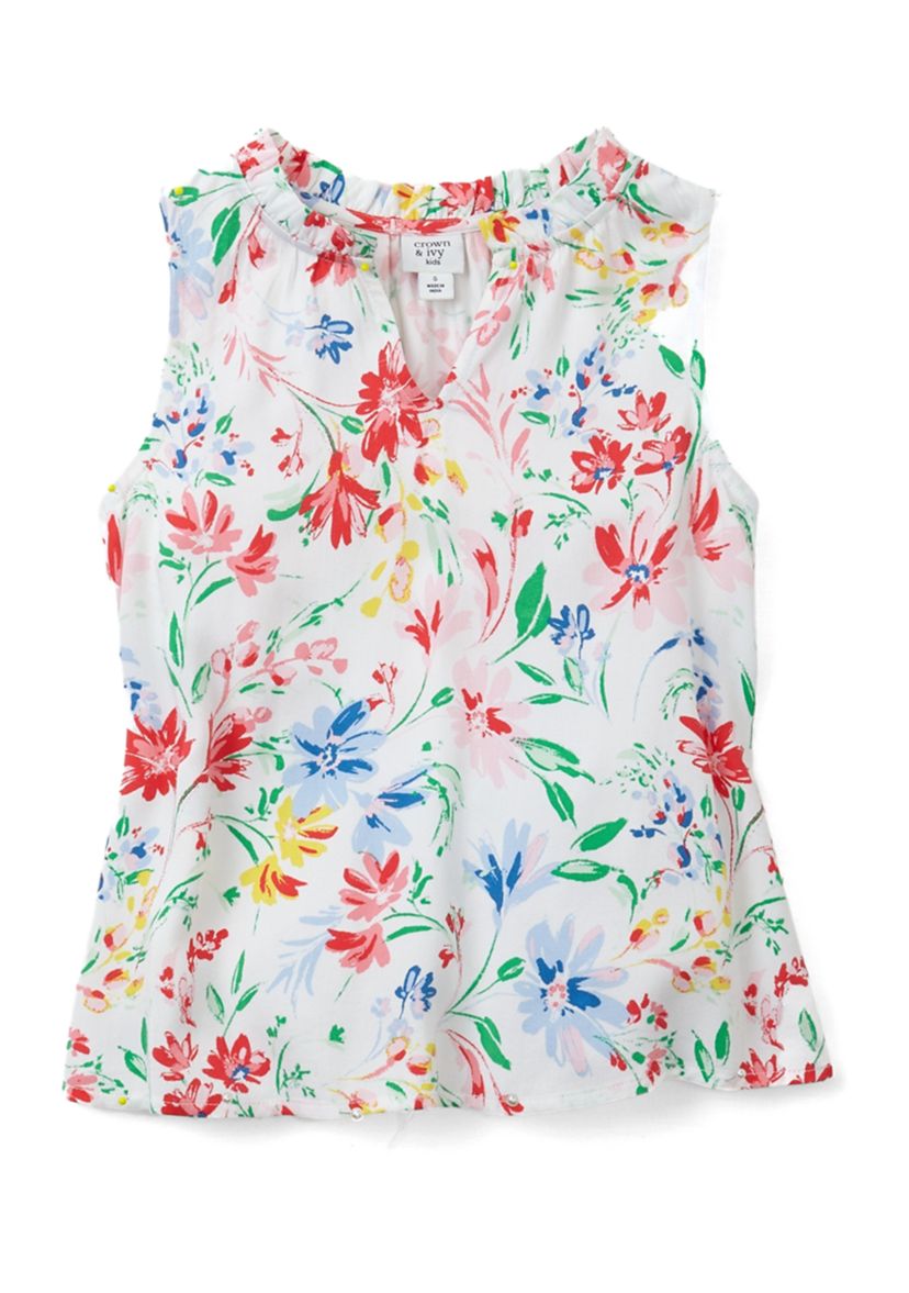 Girls 7-16 Notch Neck Ruffle Printed Tank 