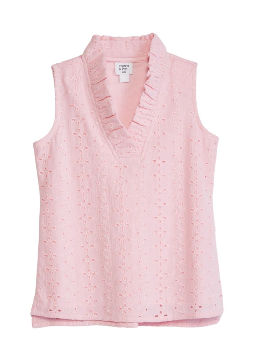 Girls 4-6x Eyelet Ruffle Neck Tank Top