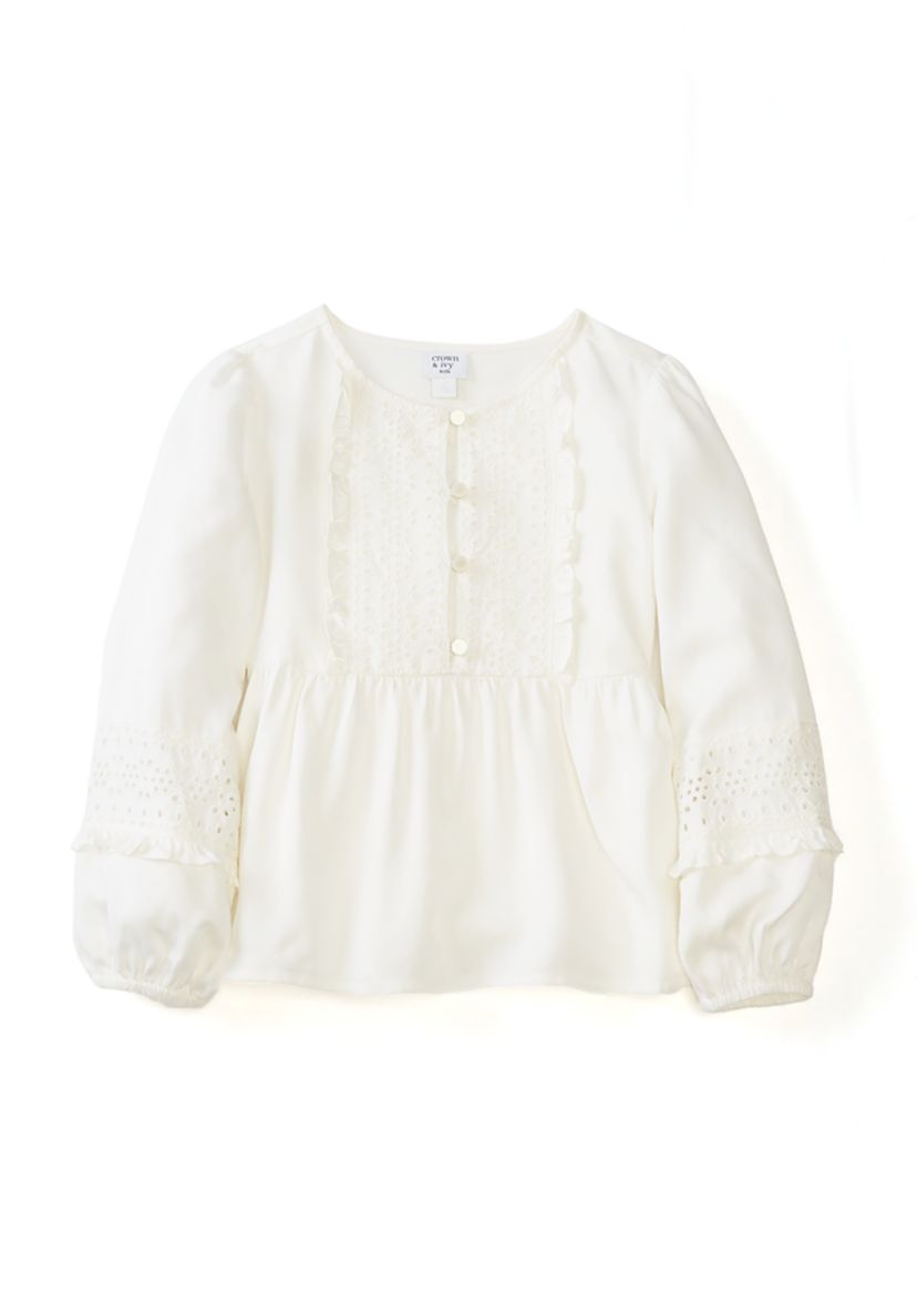Girls 4-6x Long Sleeve Eyelet Trim Top 
