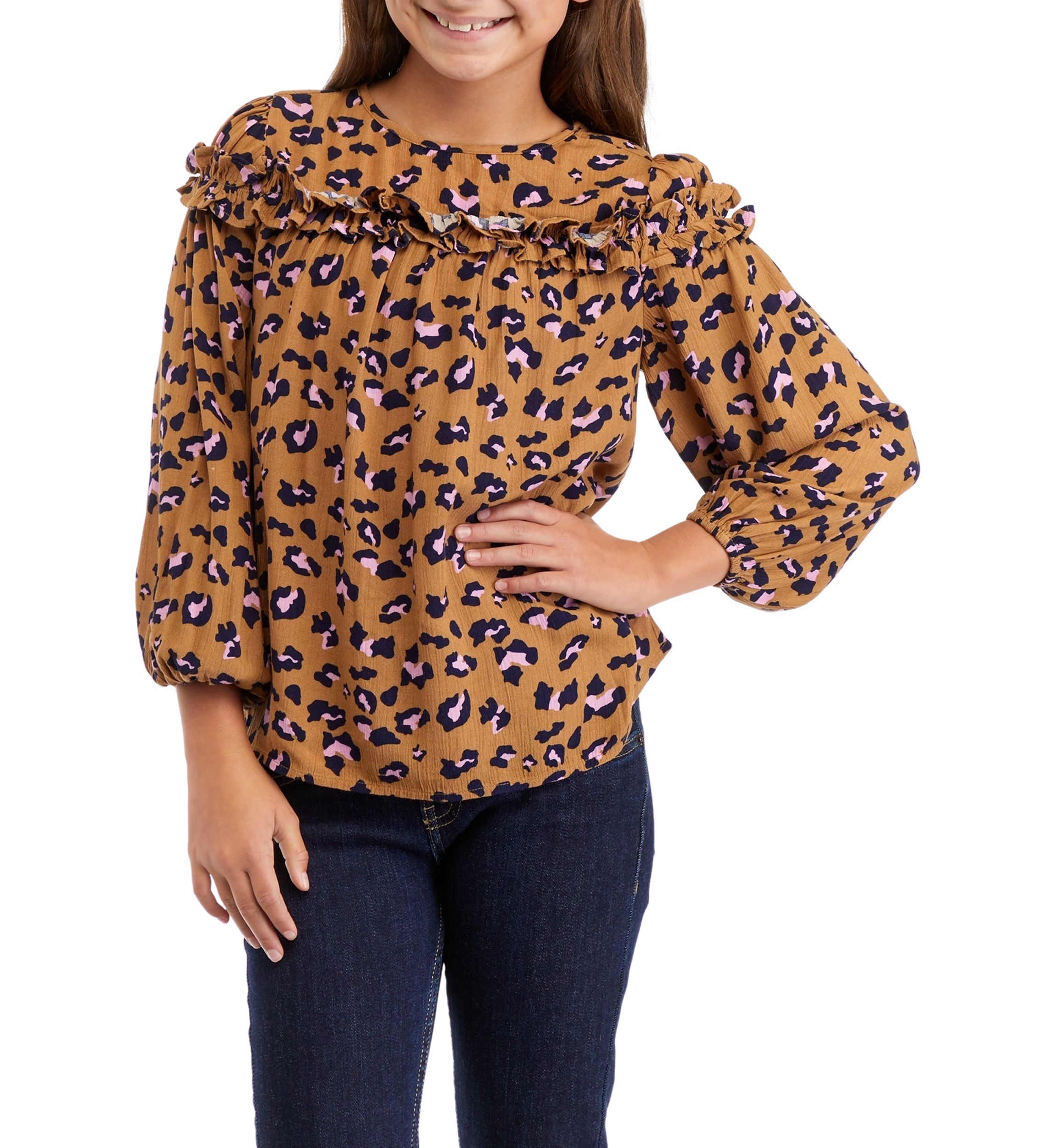 Girls 7-16 Ruffle Printed Blouse