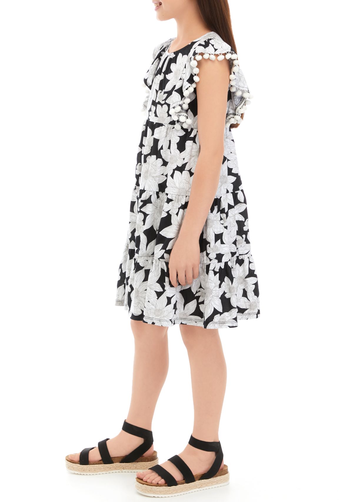 Girls 7-16 Pom Tiered Printed Dress