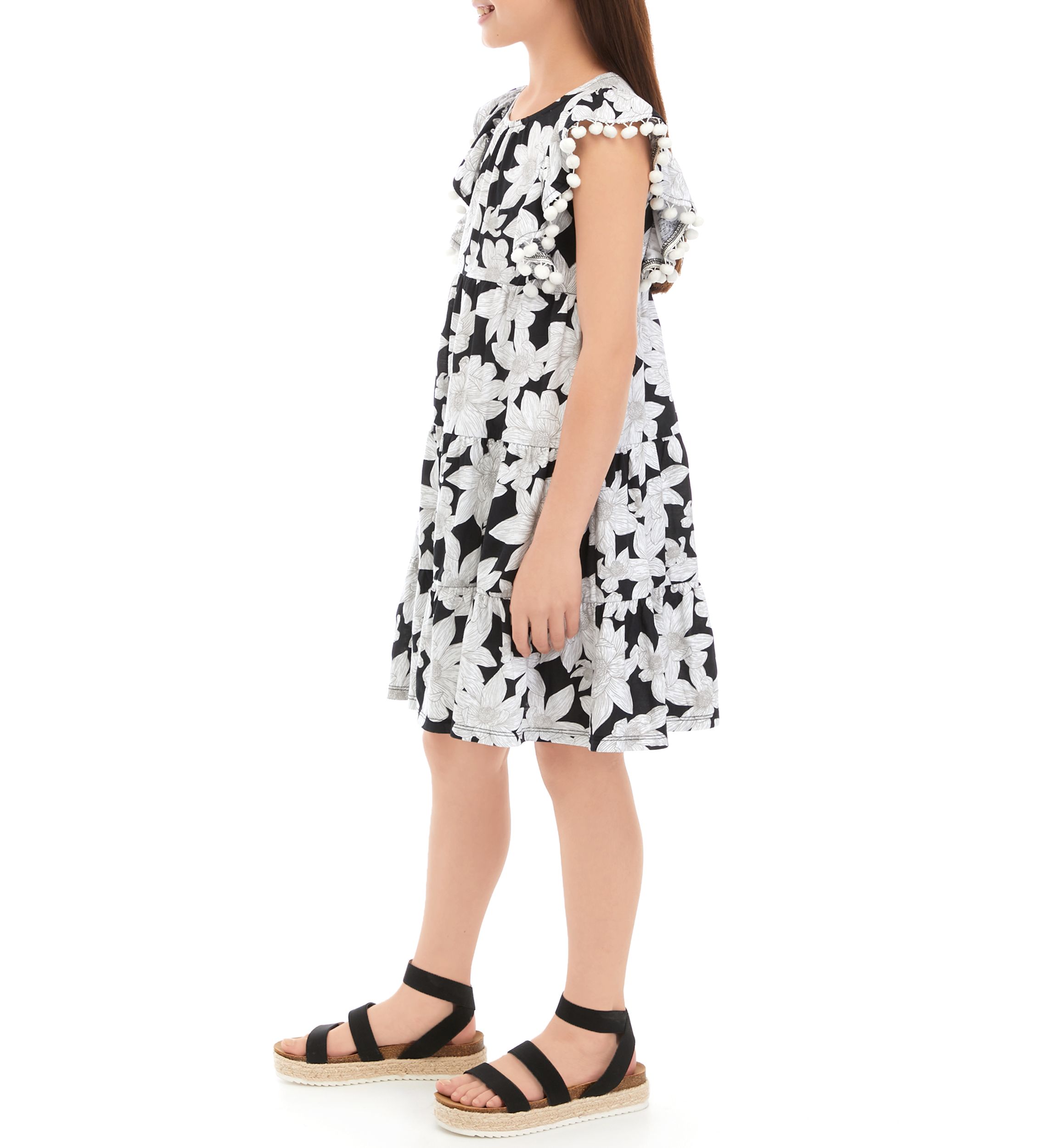 Girls 7-16 Pom Tiered Printed Dress