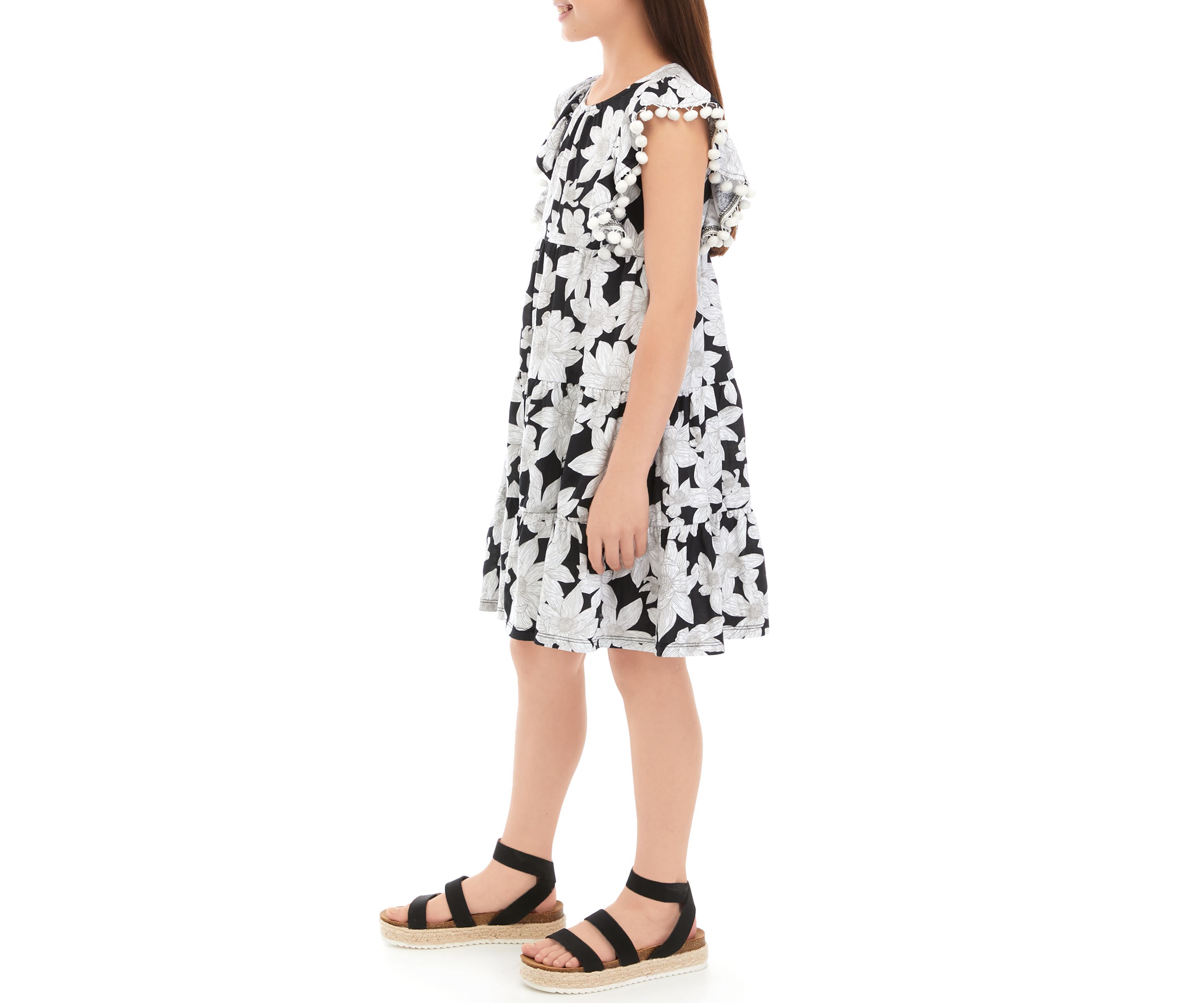 Girls 7-16 Pom Tiered Printed Dress