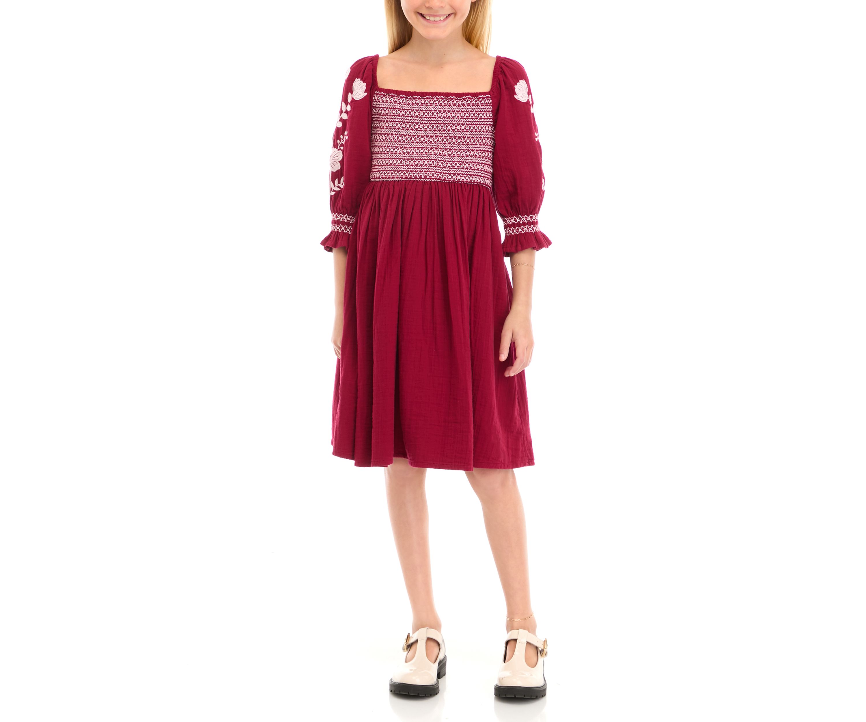 Girls 7-16 Smocked Embroidered Sleeve Dress