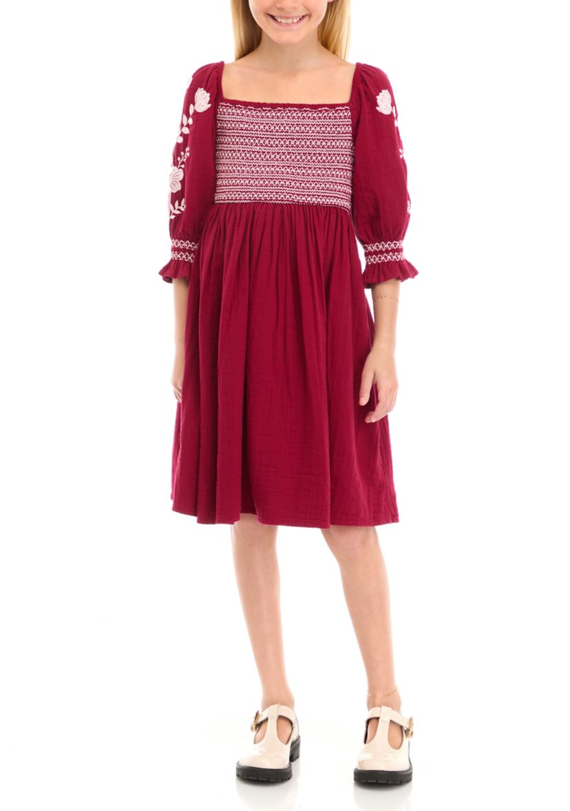 Girls 7-16 Smocked Embroidered Sleeve Dress