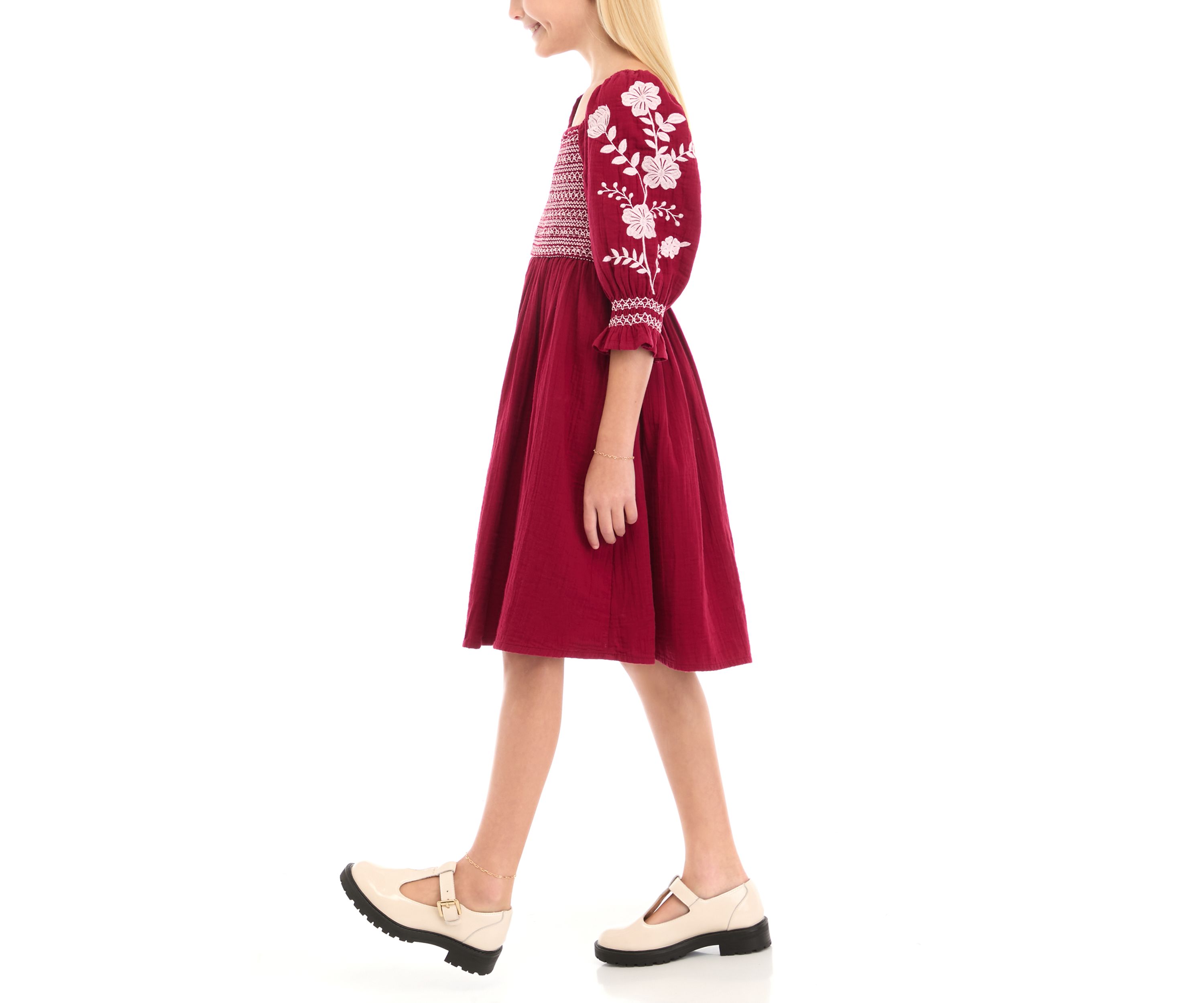 Girls 7-16 Smocked Embroidered Sleeve Dress